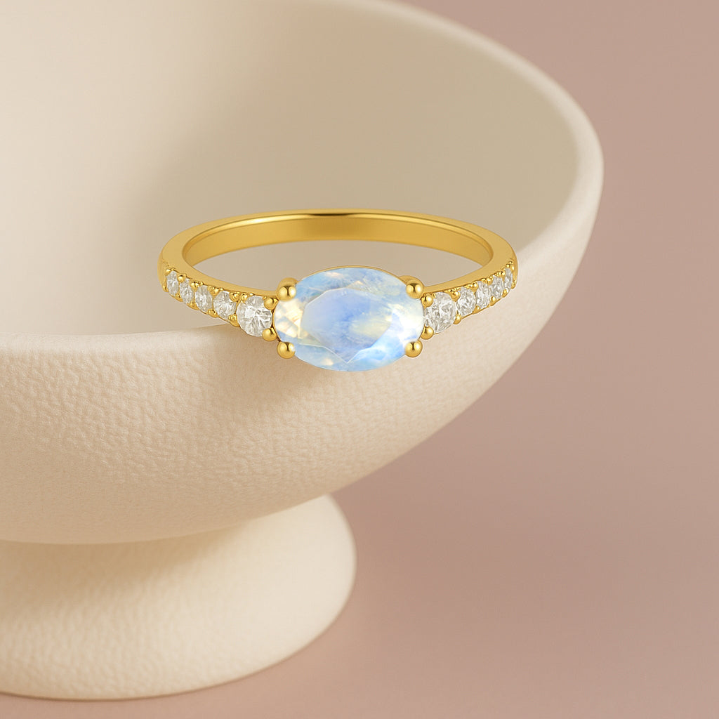 Statement Birthstone Ring with Natural Moonstone Faceted Stone