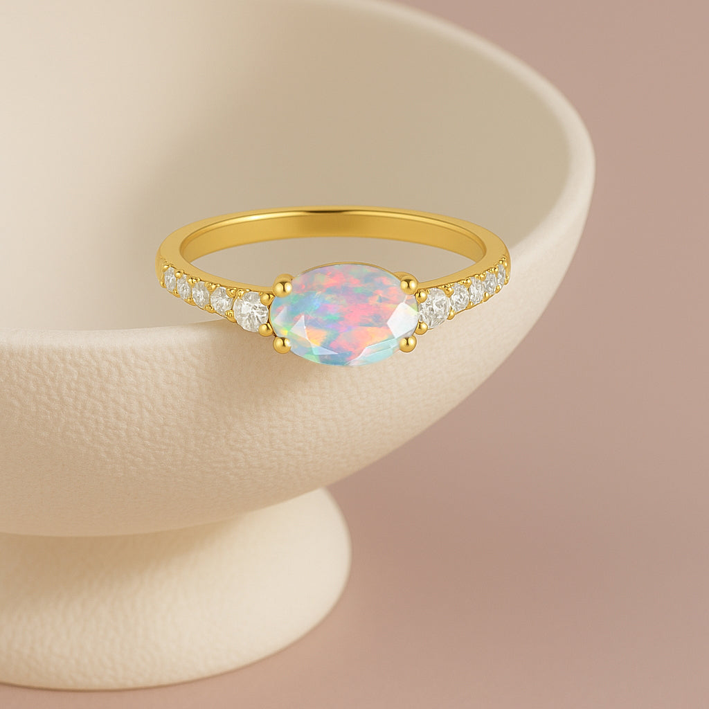 Statement Birthstone Ring with Natural White Opal Faceted Stone