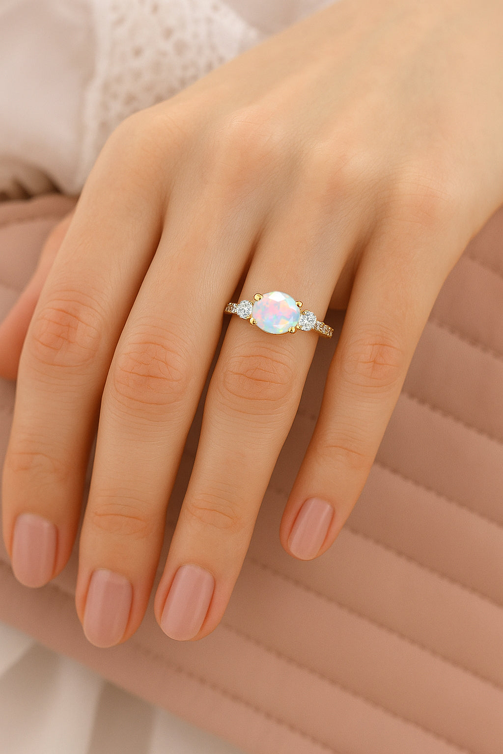 Statement Birthstone Ring with Natural White Opal Faceted Stone