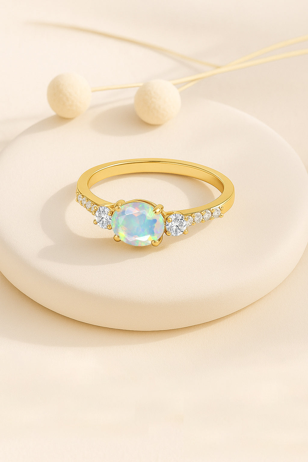 Statement Birthstone Ring with Natural White Opal Faceted Stone