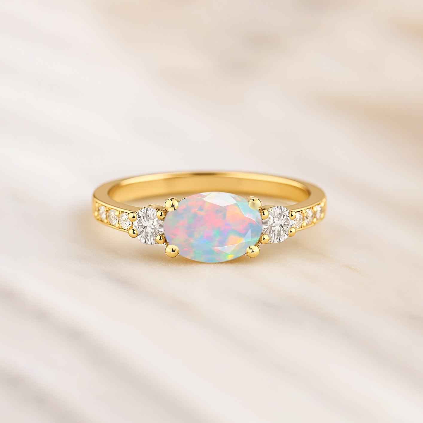 Statement Birthstone Ring with Natural White Opal Faceted Stone