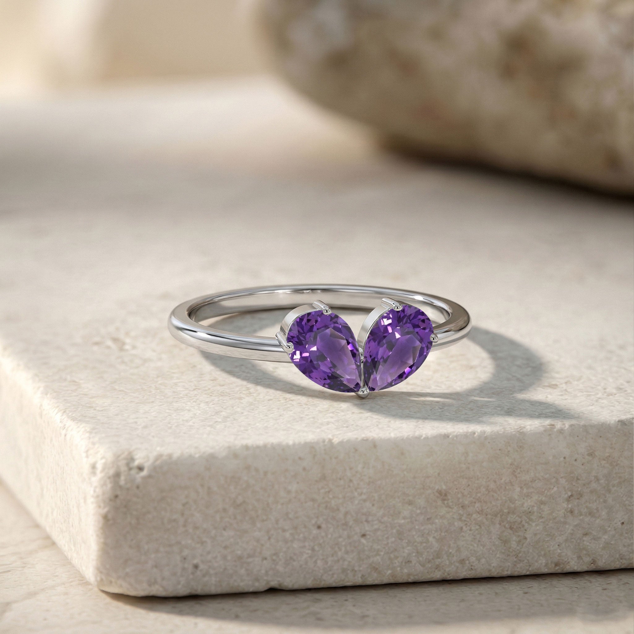 Two Stone Pear Cut Amethyst Ring in 925 Sterling Silver or Yellow Gold Filled