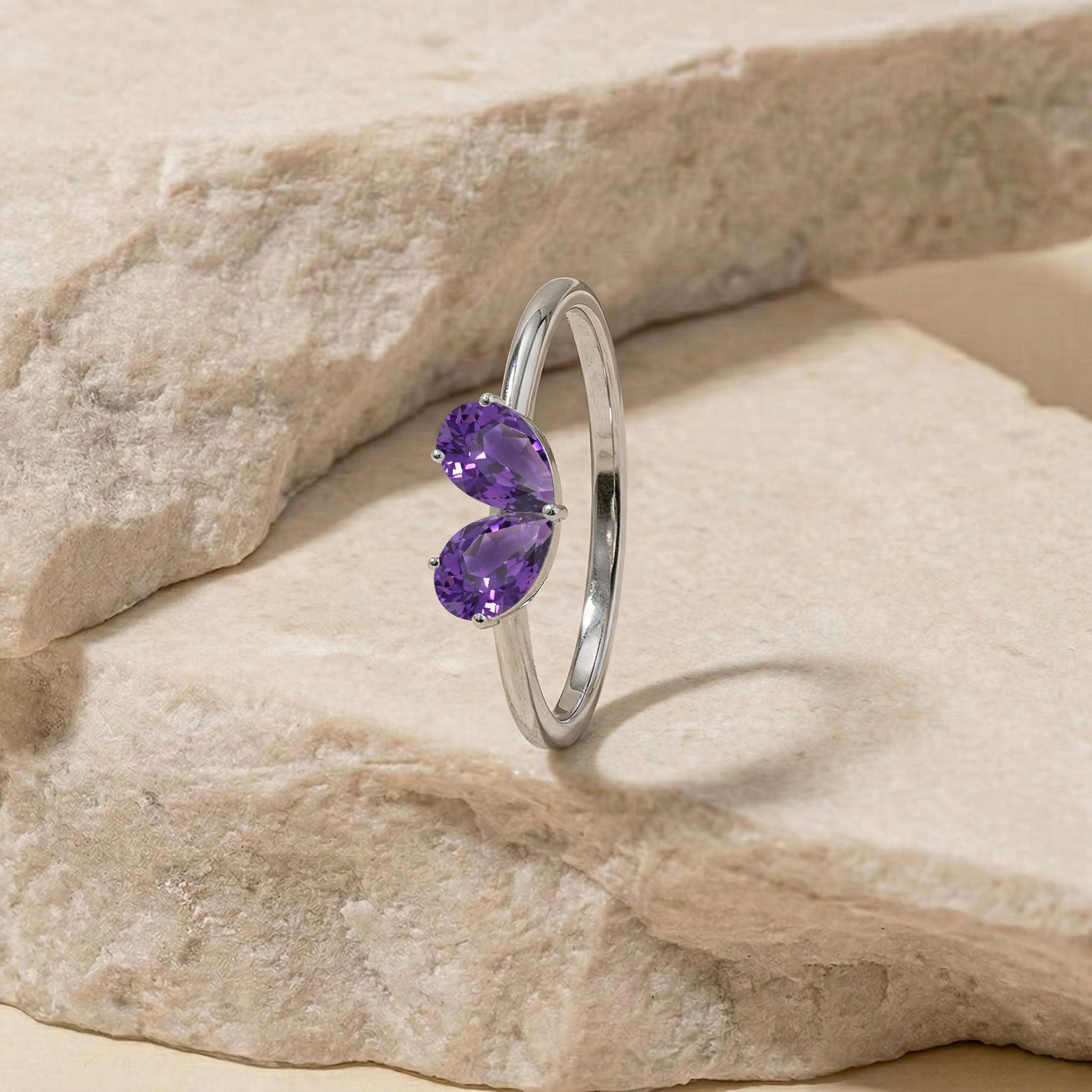 Two Stone Pear Cut Amethyst Ring in 925 Sterling Silver or Yellow Gold Filled