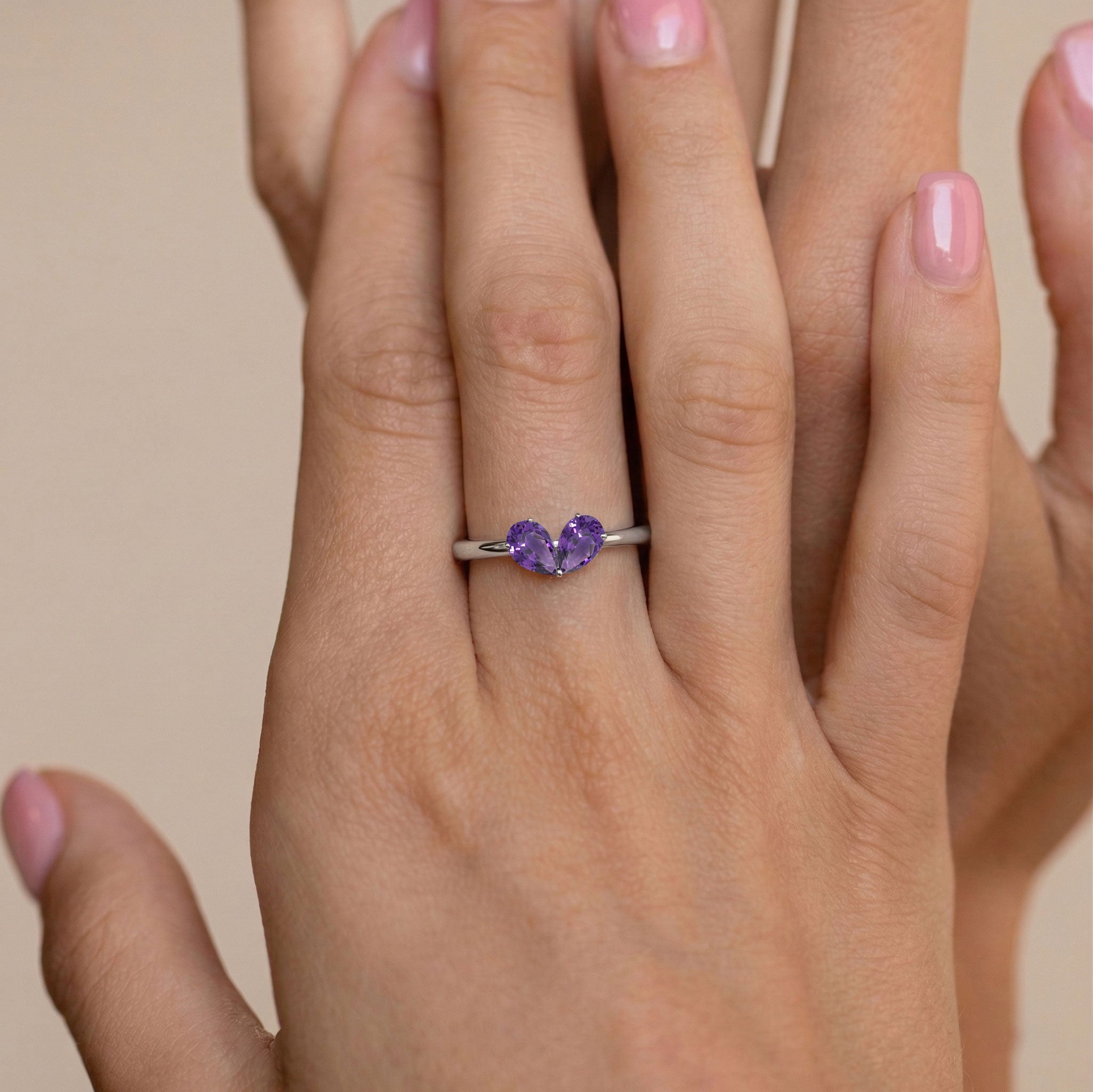 Two Stone Pear Cut Amethyst Ring in 925 Sterling Silver or Yellow Gold Filled