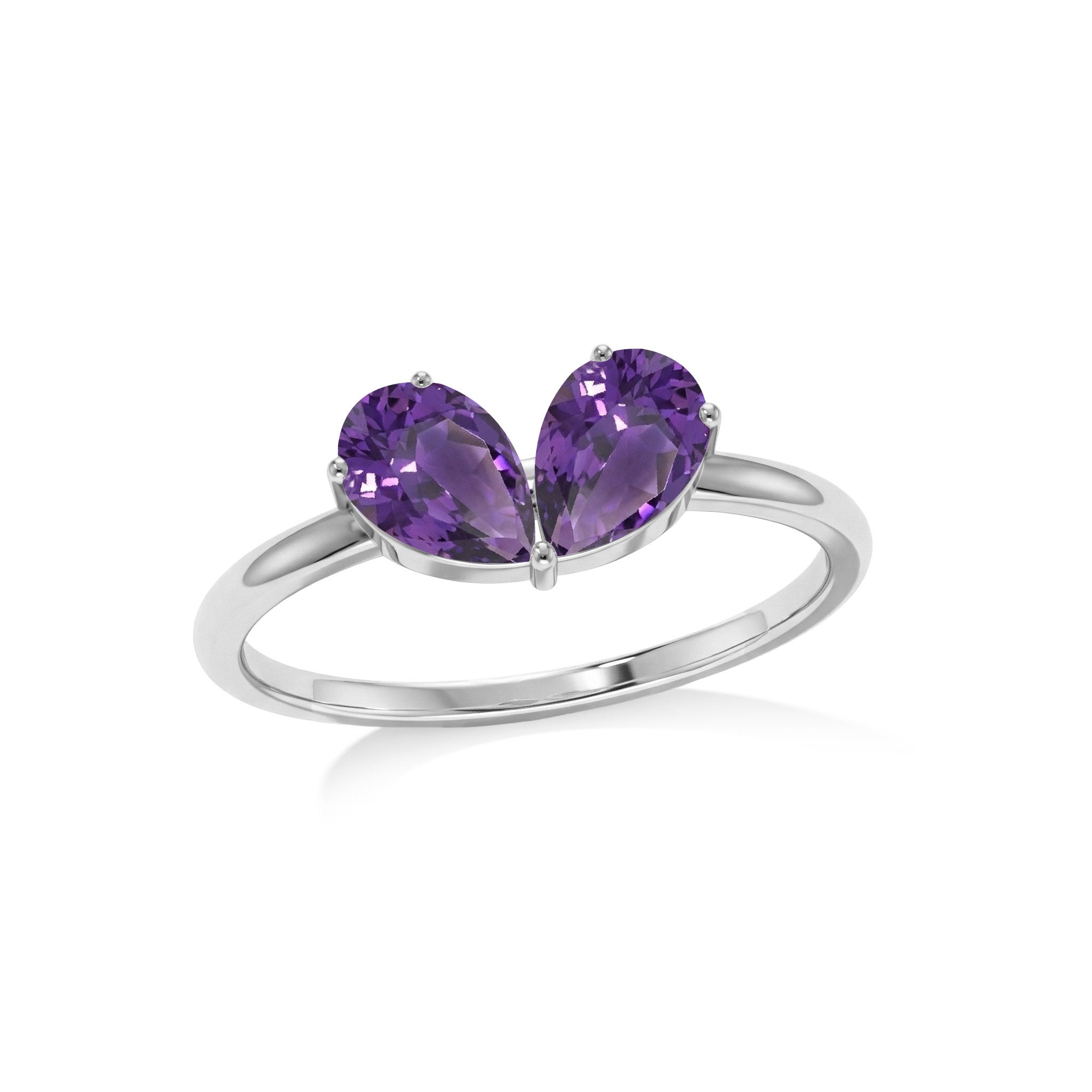 Two Stone Pear Cut Amethyst Ring in 925 Sterling Silver or Yellow Gold Filled