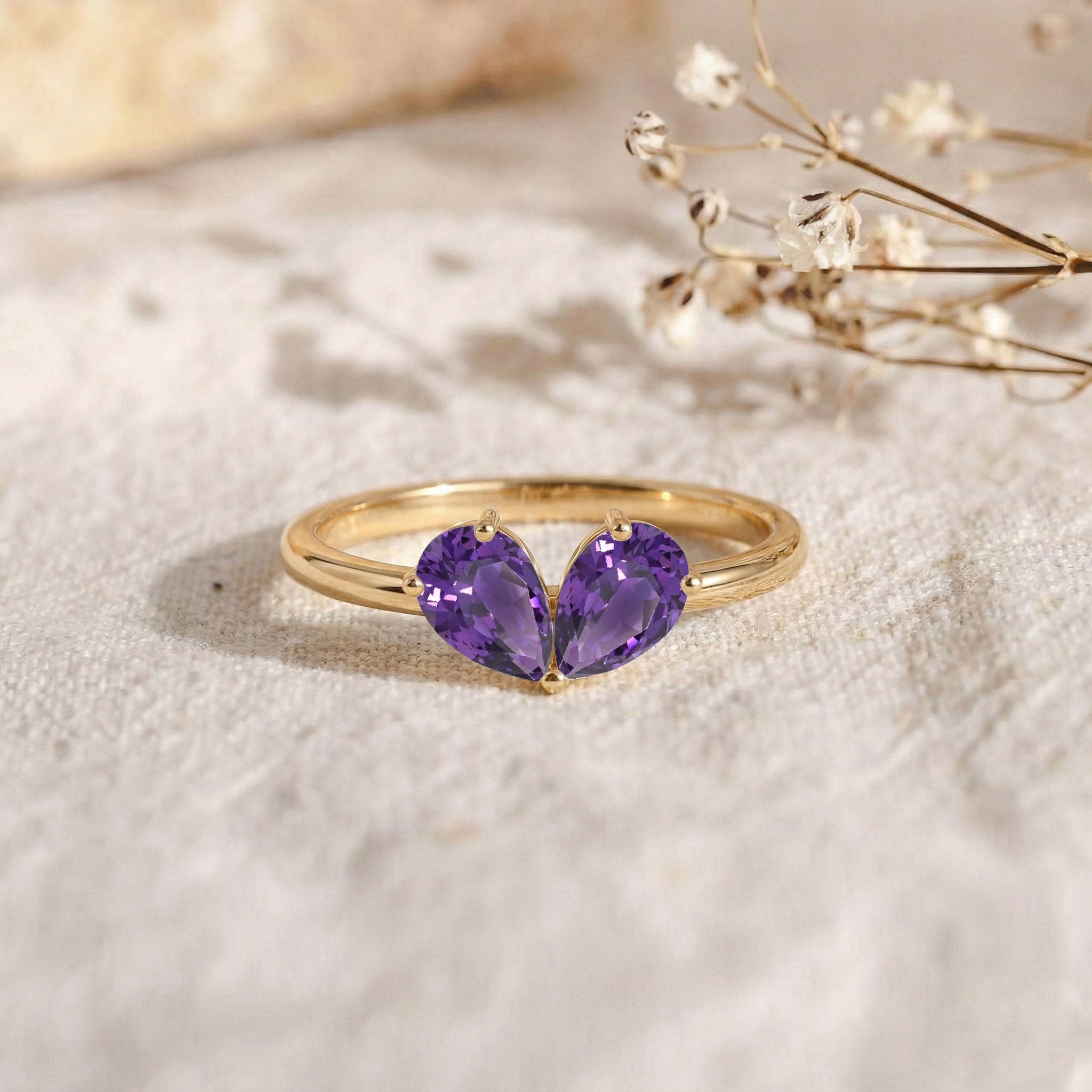 Two Stone Pear Cut Amethyst Ring in 925 Sterling Silver or Yellow Gold Filled