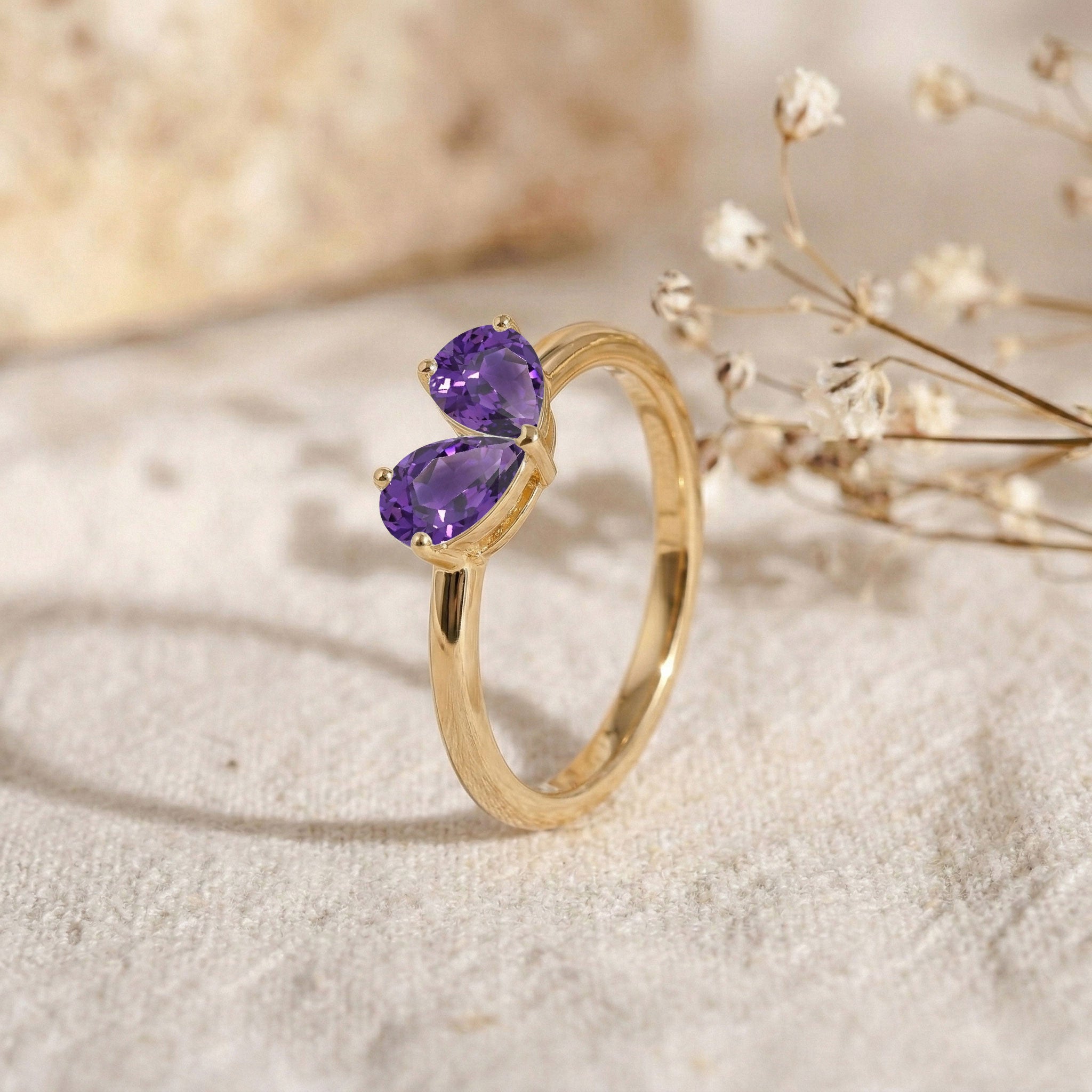 Two Stone Pear Cut Amethyst Ring in 925 Sterling Silver or Yellow Gold Filled
