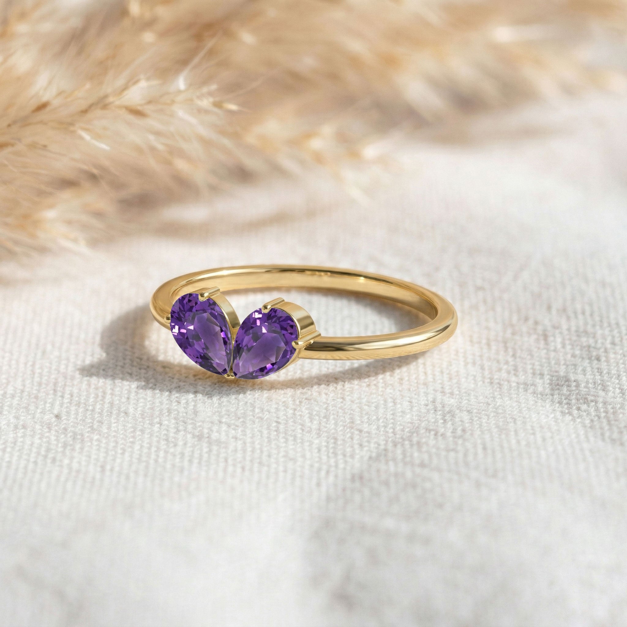 Two Stone Pear Cut Amethyst Ring in 925 Sterling Silver or Yellow Gold Filled