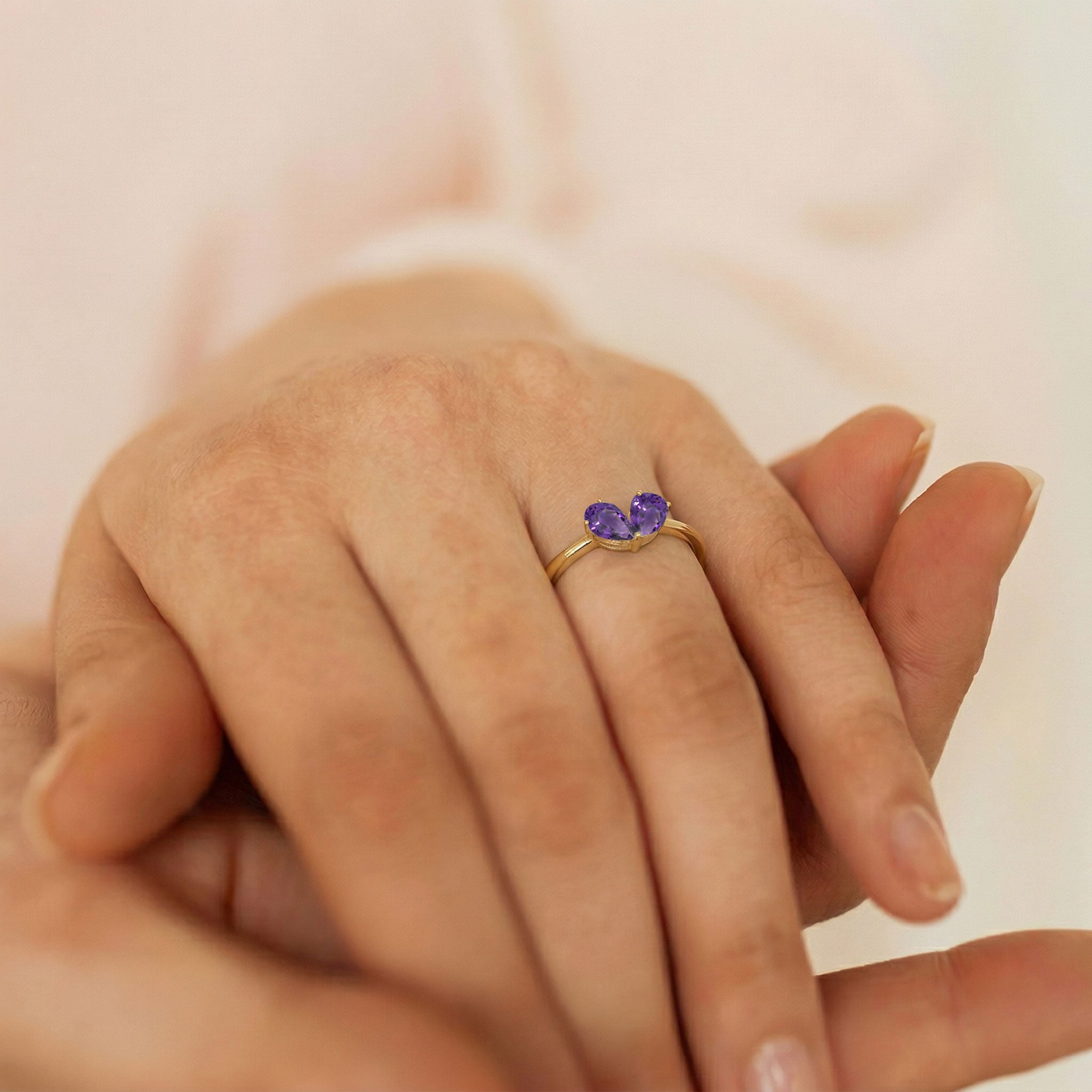 Two Stone Pear Cut Amethyst Ring in 925 Sterling Silver or Yellow Gold Filled