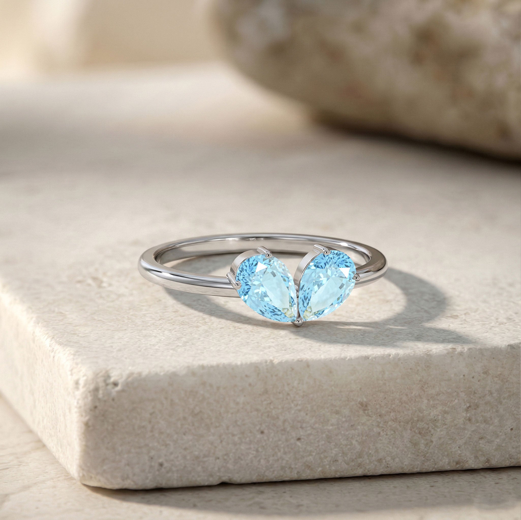 Minimalist Pear Shaped Aquamarine Gemstone Lightweight Stackable Ring