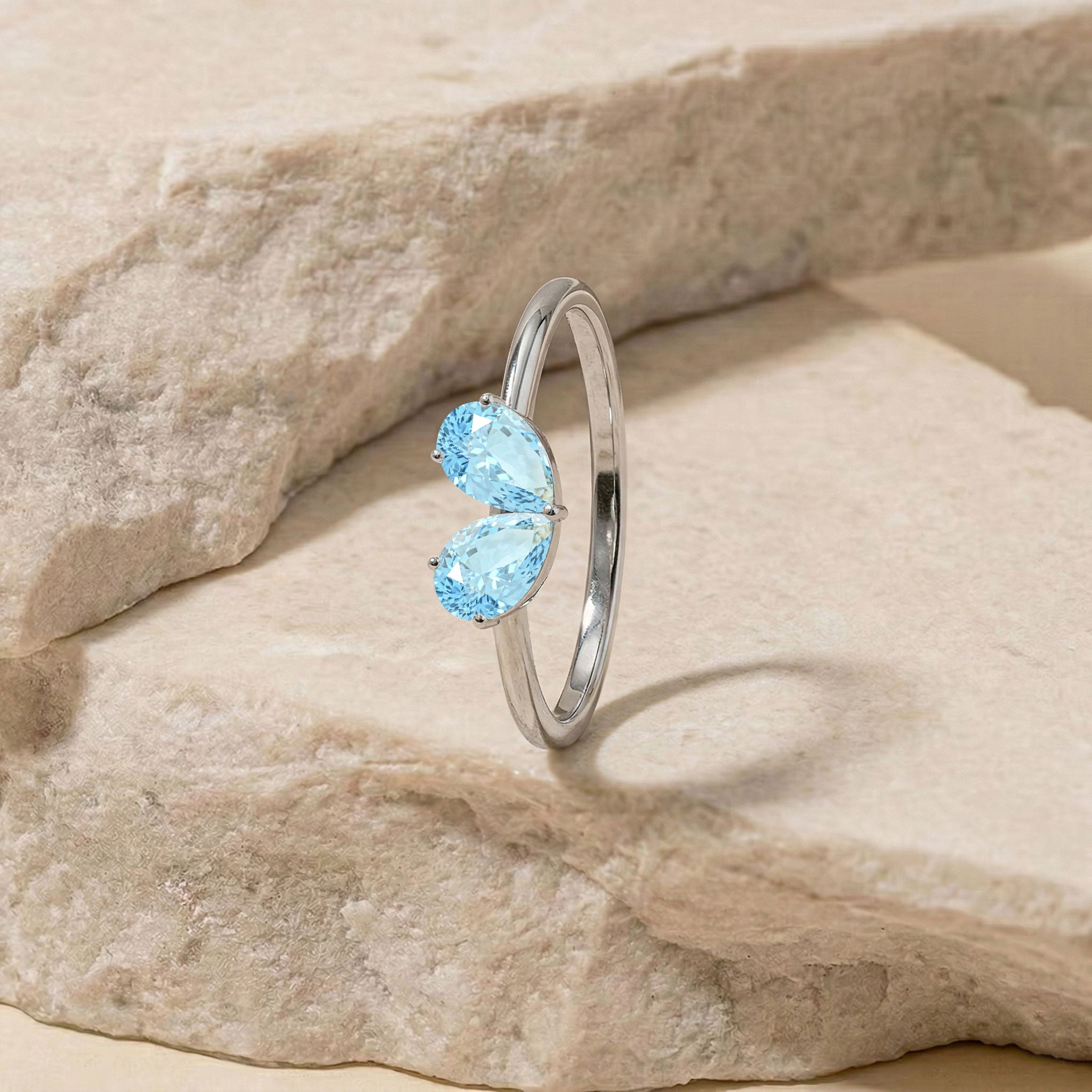 Minimalist Pear Shaped Aquamarine Gemstone Lightweight Stackable Ring