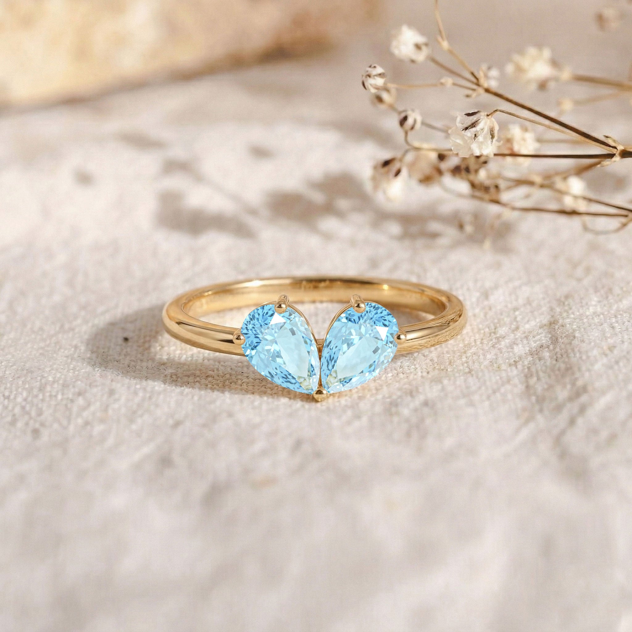 Minimalist Pear Shaped Aquamarine Gemstone Lightweight Stackable Ring