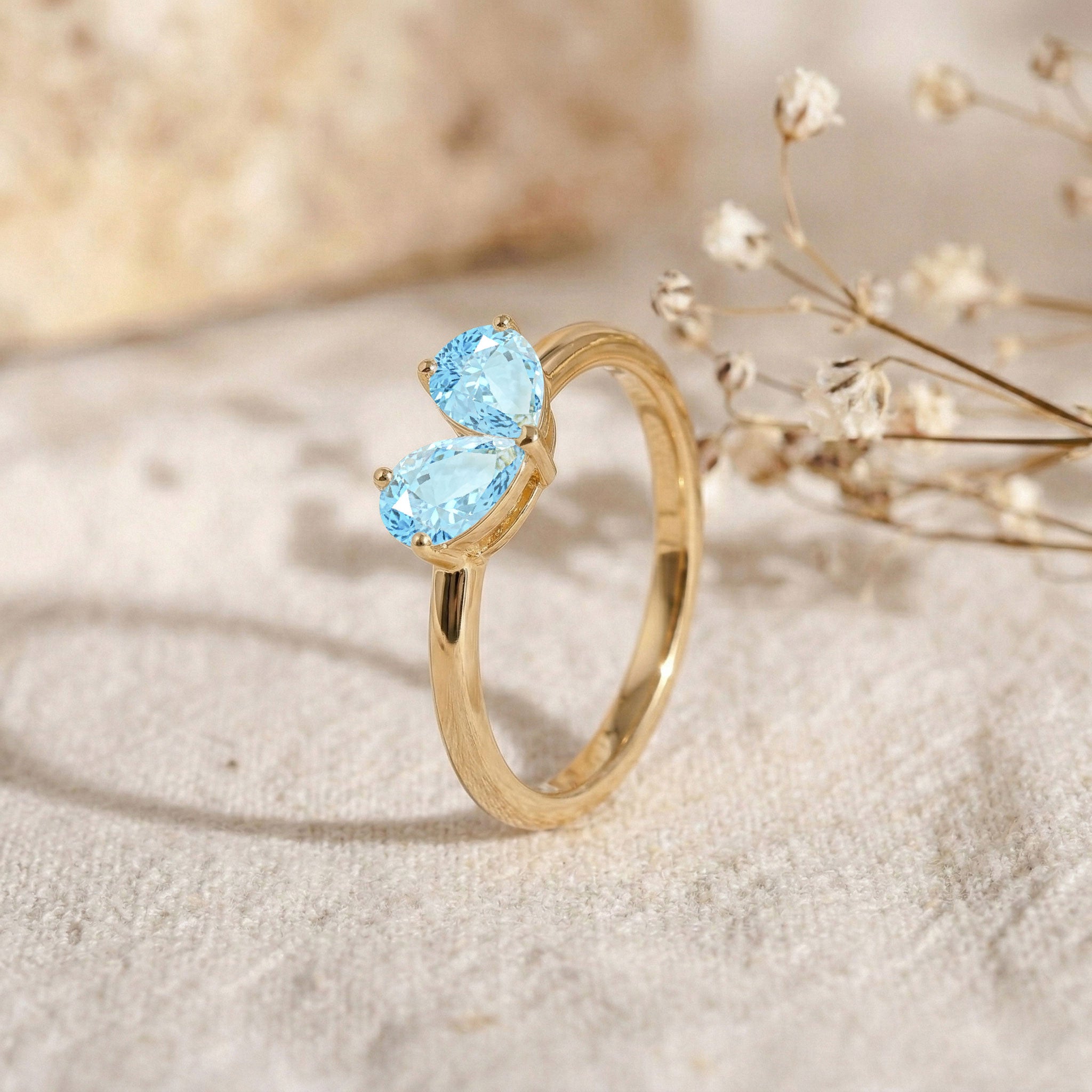 Minimalist Pear Shaped Aquamarine Gemstone Lightweight Stackable Ring