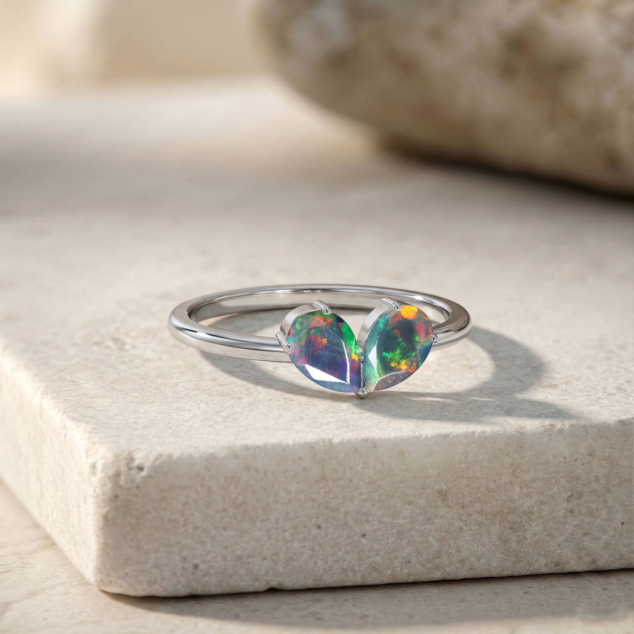 Handmade Black Opal Engagement Pear Cut Ring for October Birthstone