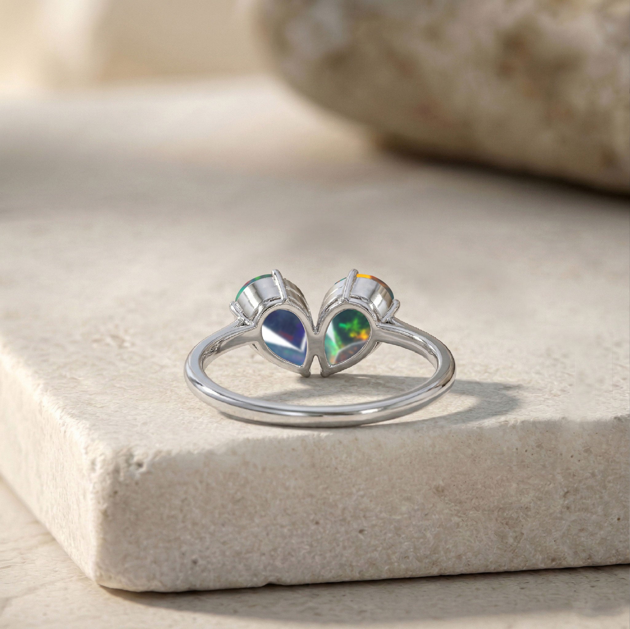 Handmade Black Opal Engagement Pear Cut Ring for October Birthstone