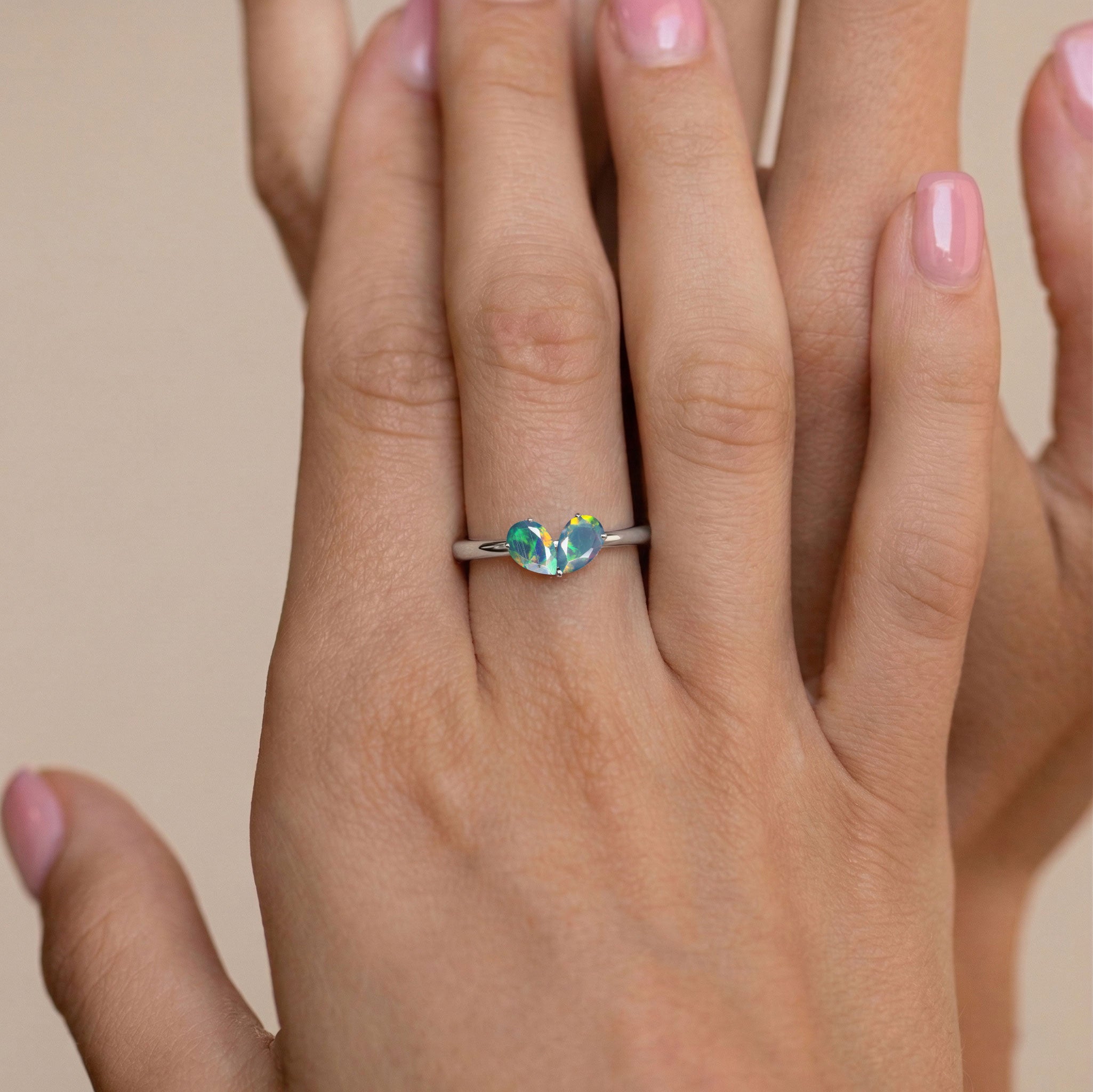 Handmade Black Opal Engagement Pear Cut Ring for October Birthstone