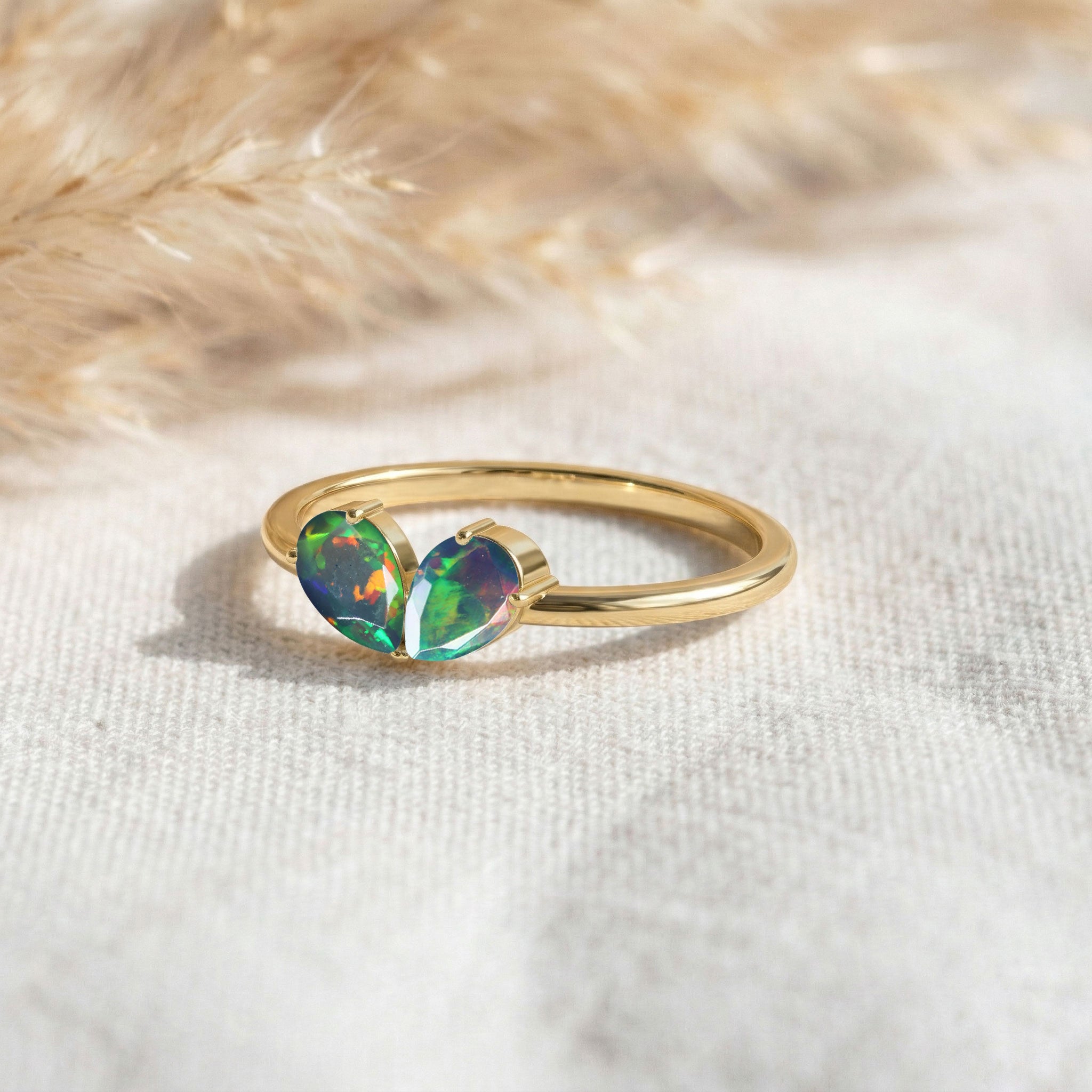 Handmade Black Opal Engagement Pear Cut Ring for October Birthstone
