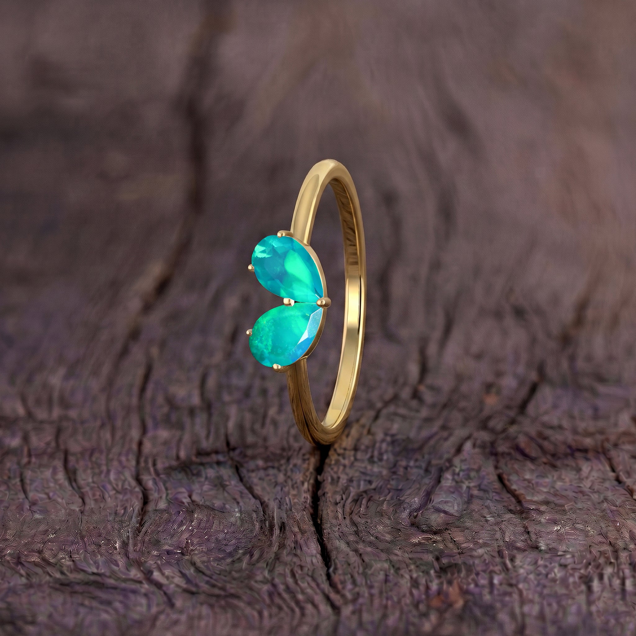 Green Opal Promise Ring, Pear Cut Fine Jewelry, Sterling Silver Handmade Ring, Yellow Gold Filled Ring, Everyday Ring, Gift for Wife, Women's Jewelry