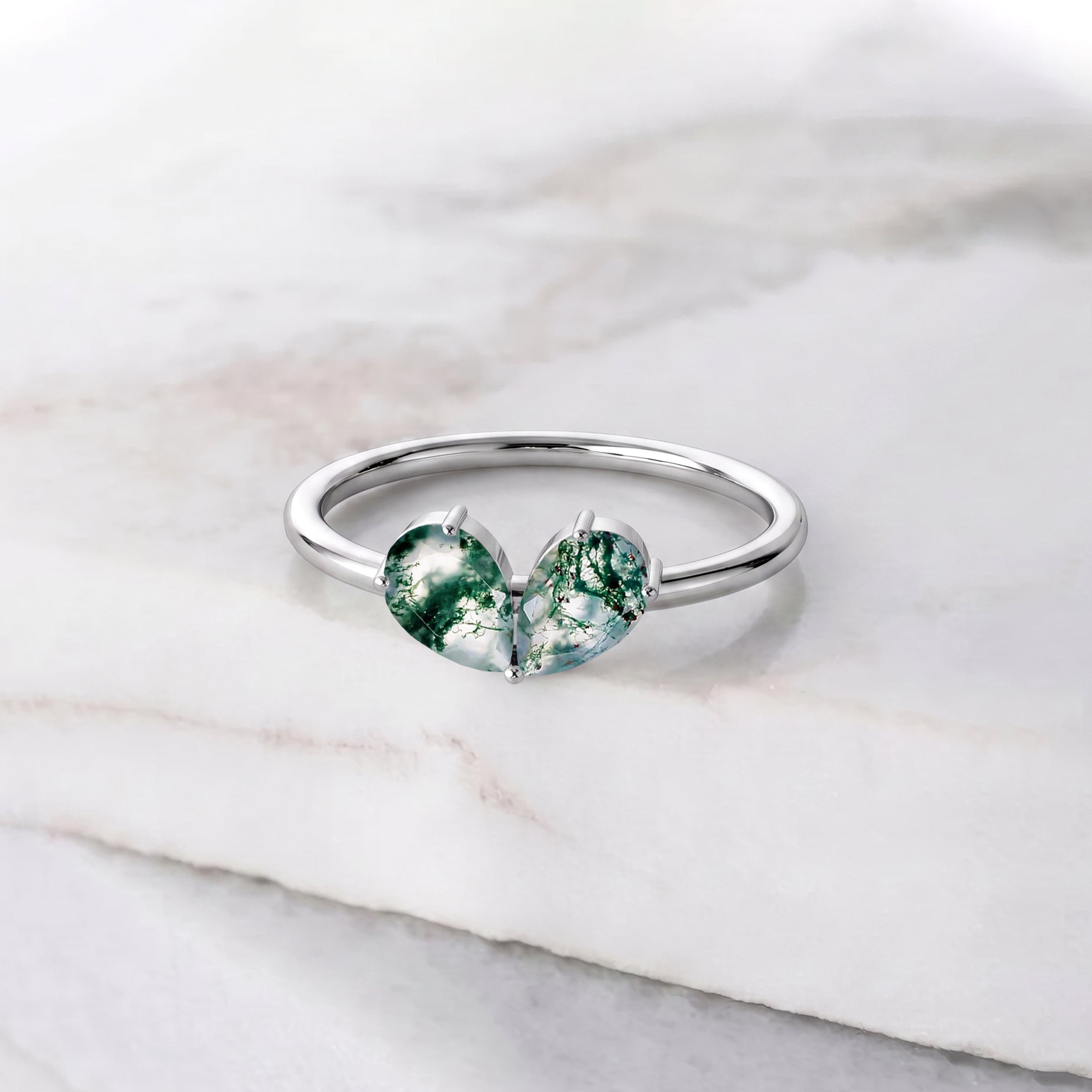 Natural Pear Moss Agate Two-Stone Ring in 925 Sterling Silver & Gold Filled