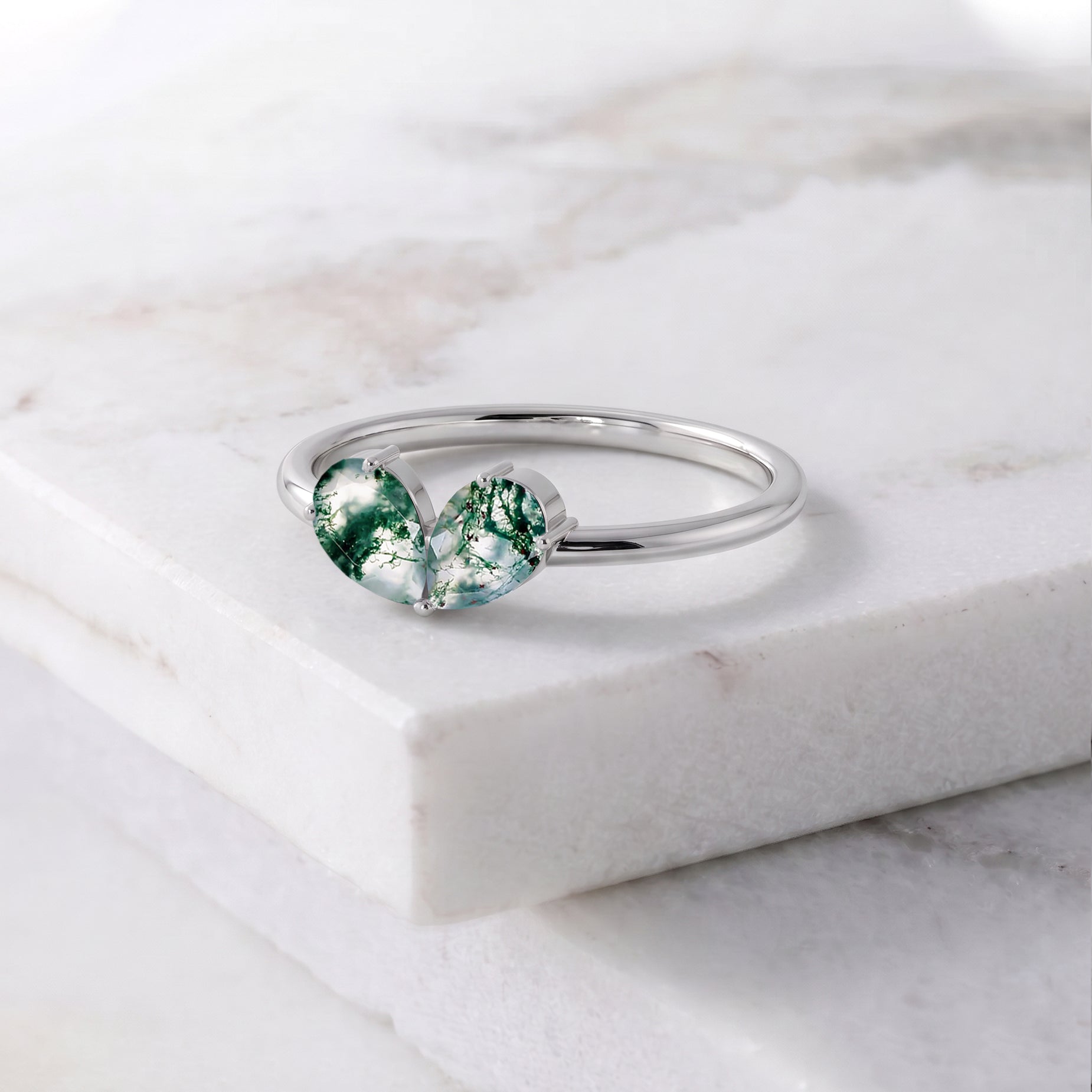 Natural Pear Moss Agate Two-Stone Ring in 925 Sterling Silver & Gold Filled