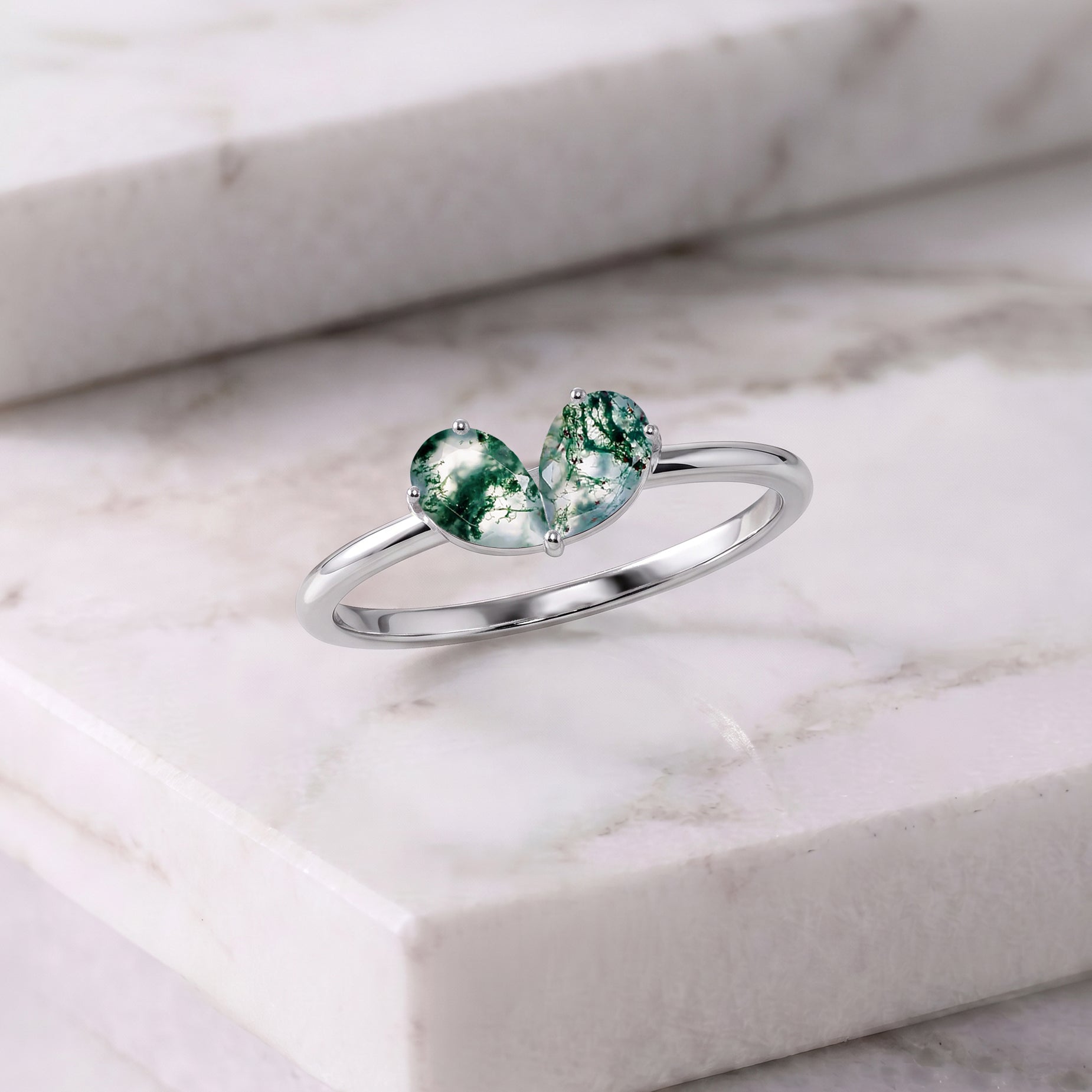 Natural Pear Moss Agate Two-Stone Ring in 925 Sterling Silver & Gold Filled