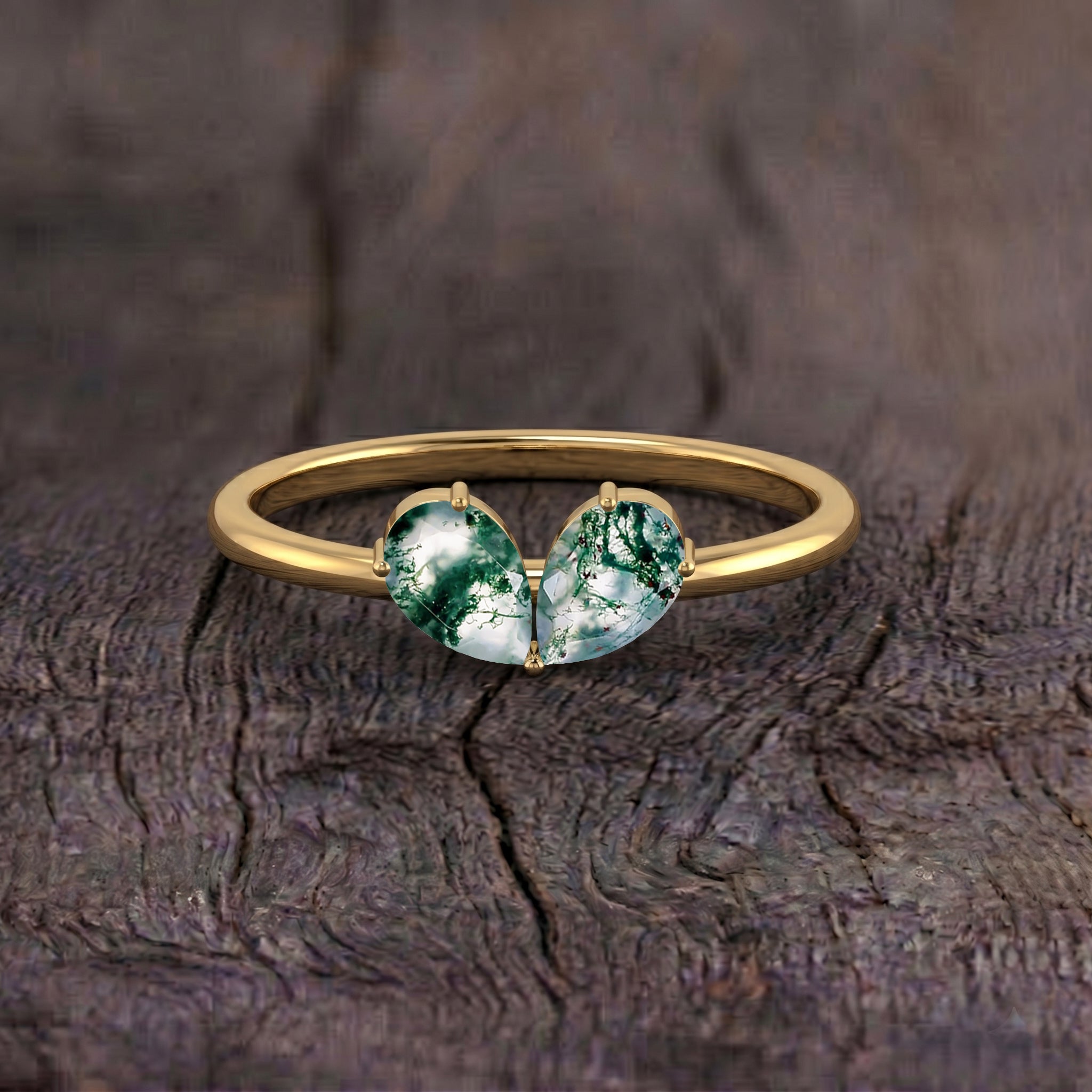 Natural Pear Moss Agate Two-Stone Ring in 925 Sterling Silver & Gold Filled