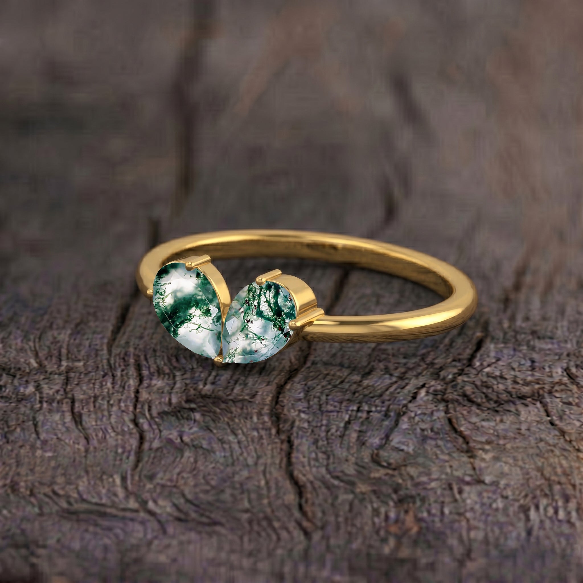 Natural Pear Moss Agate Two-Stone Ring in 925 Sterling Silver & Gold Filled