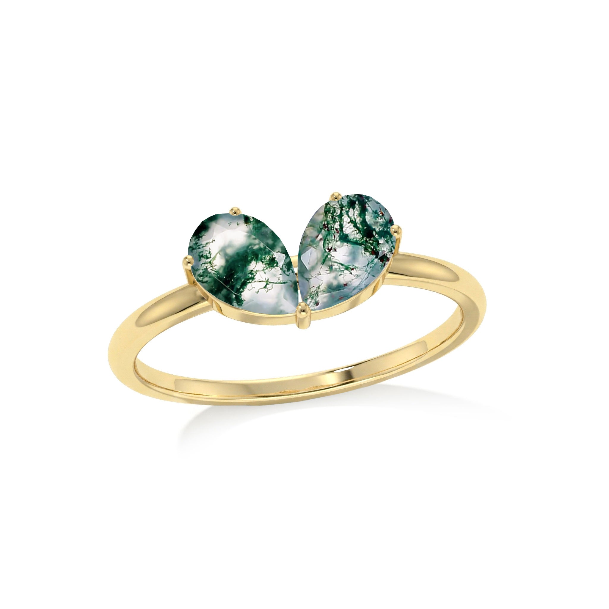 Natural Pear Moss Agate Two-Stone Ring in 925 Sterling Silver & Gold Filled
