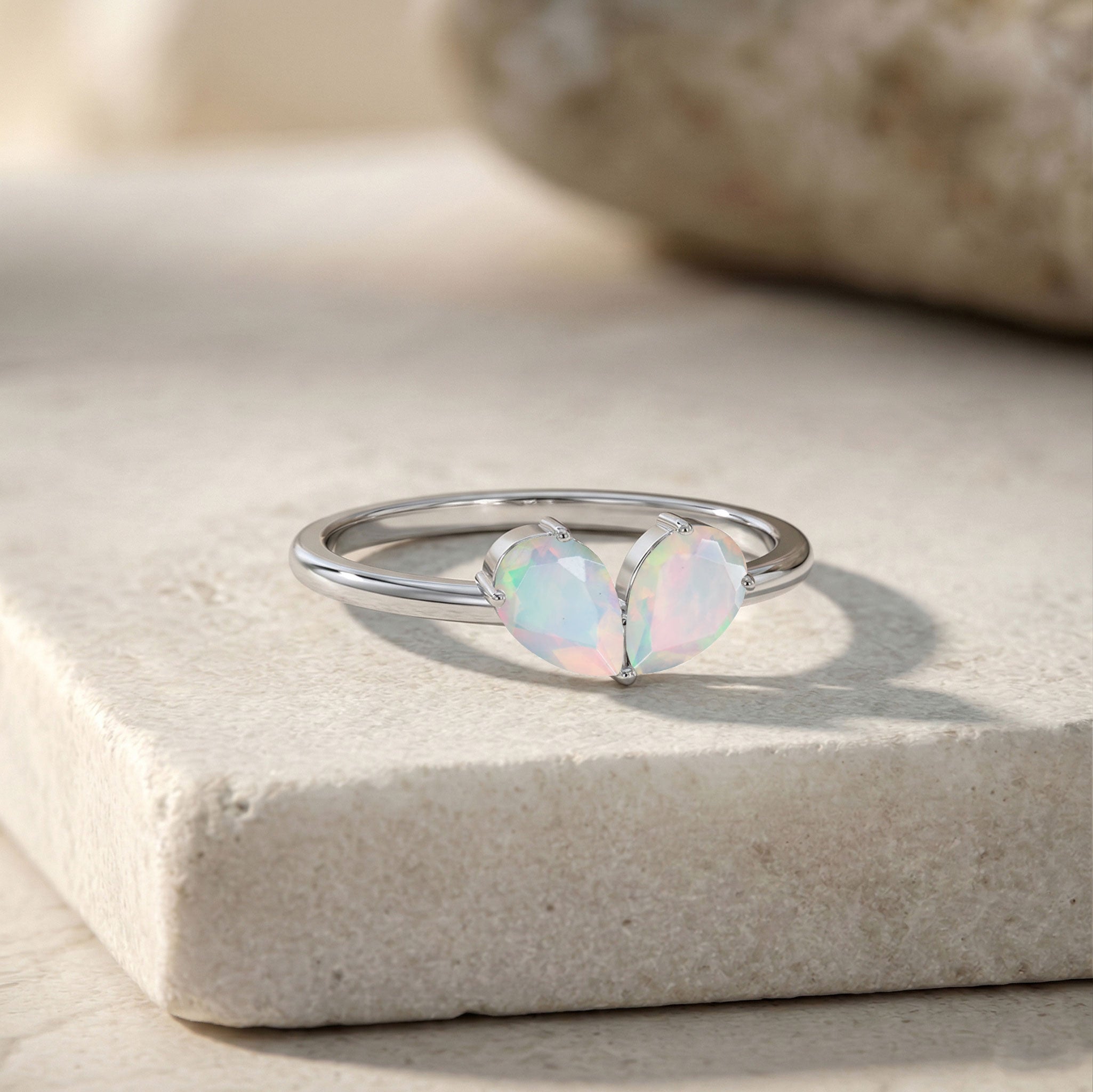 White Opal Pear Cut  Shaped Engagement Ring in 925 Sterling Silver and Yellow Gold Filled