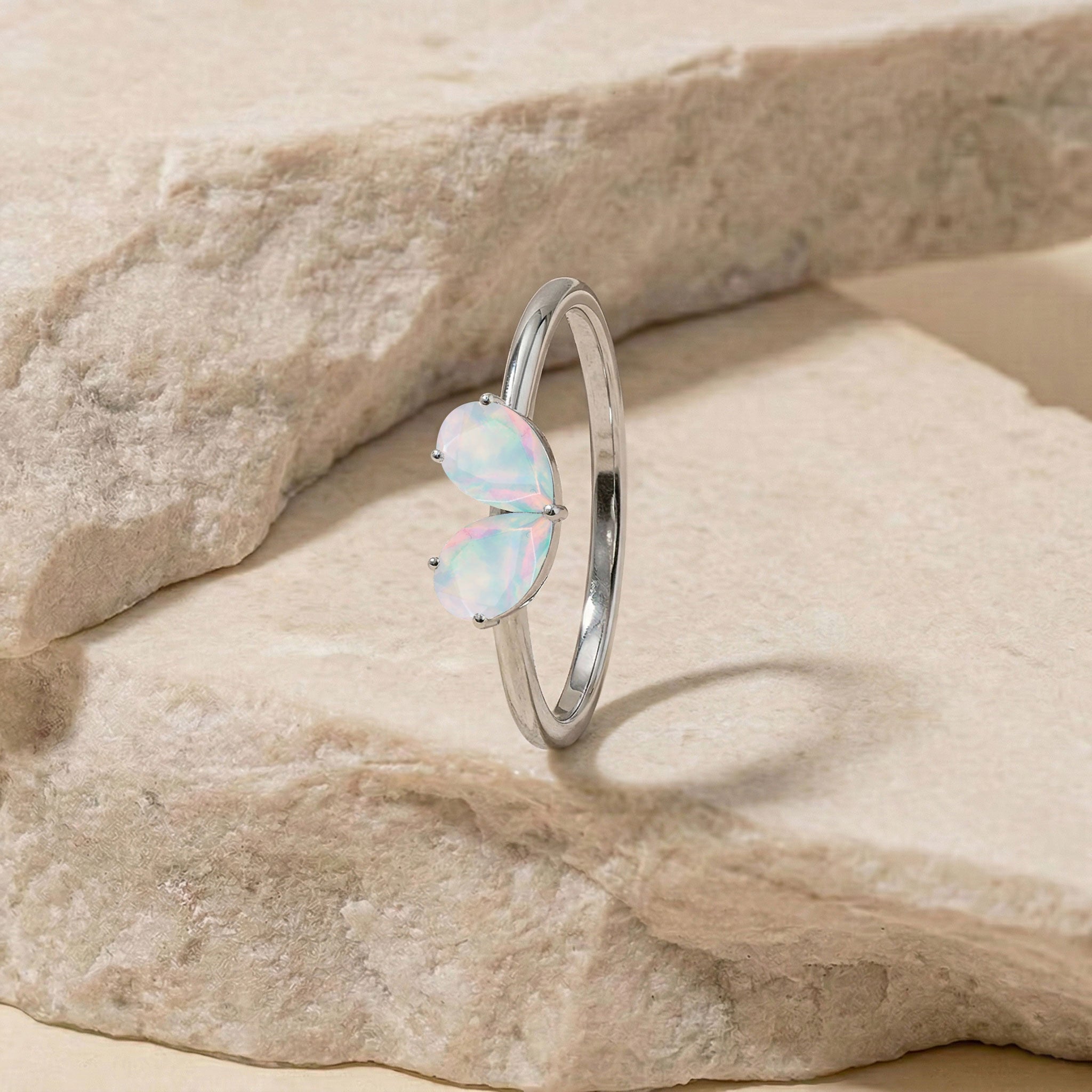 White Opal Pear Cut  Shaped Engagement Ring in 925 Sterling Silver and Yellow Gold Filled