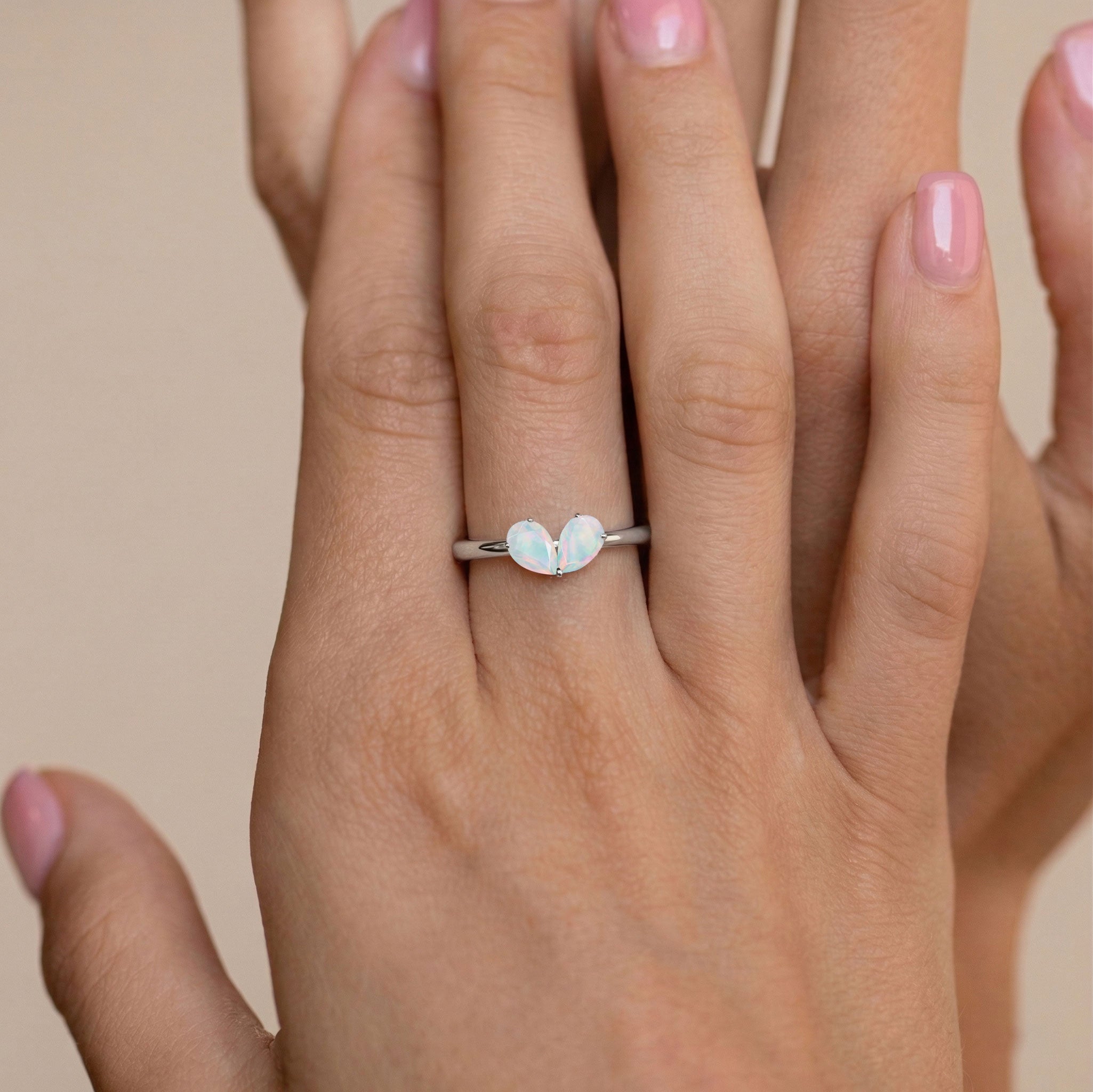 White Opal Pear Cut  Shaped Engagement Ring in 925 Sterling Silver and Yellow Gold Filled