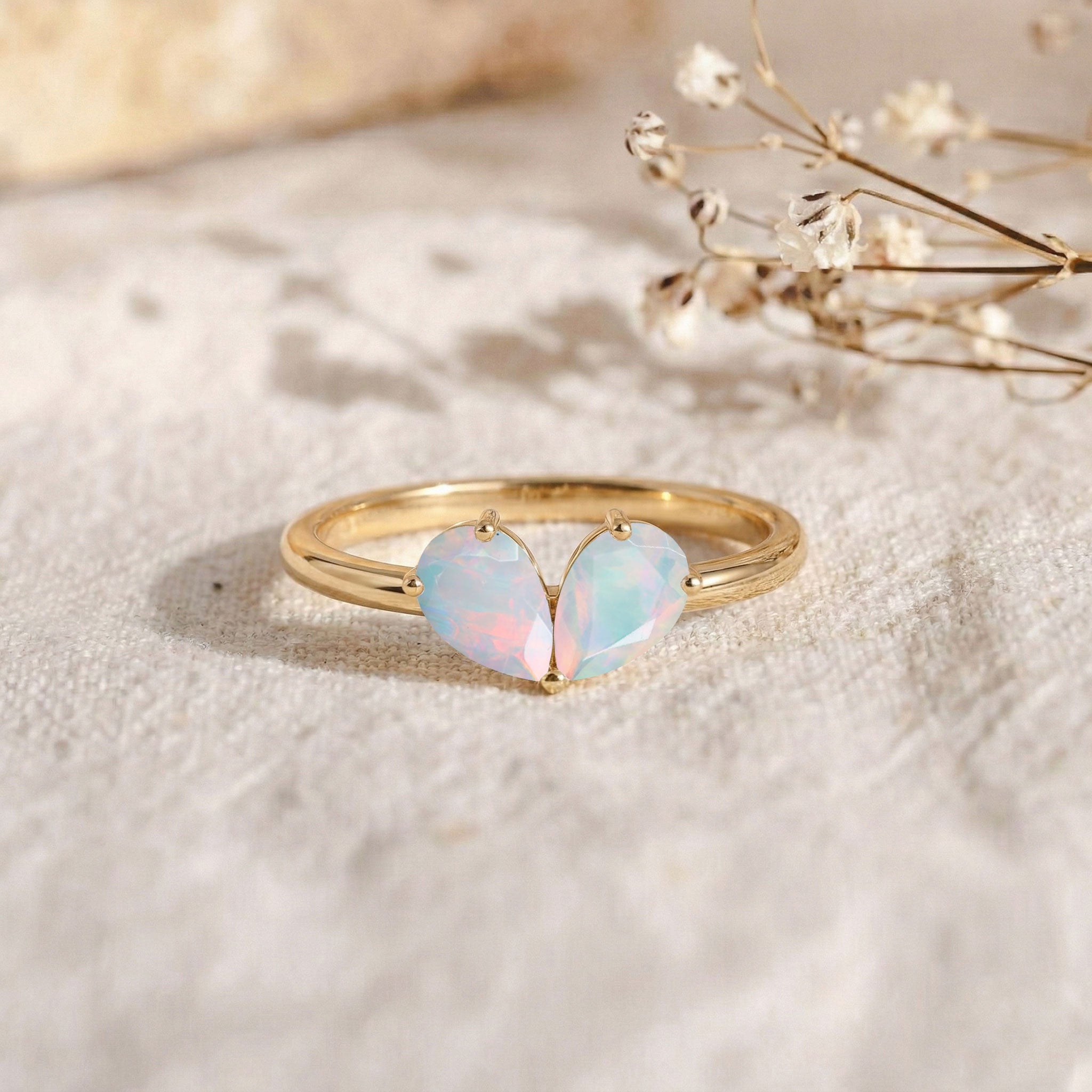 White Opal Pear Cut  Shaped Engagement Ring in 925 Sterling Silver and Yellow Gold Filled