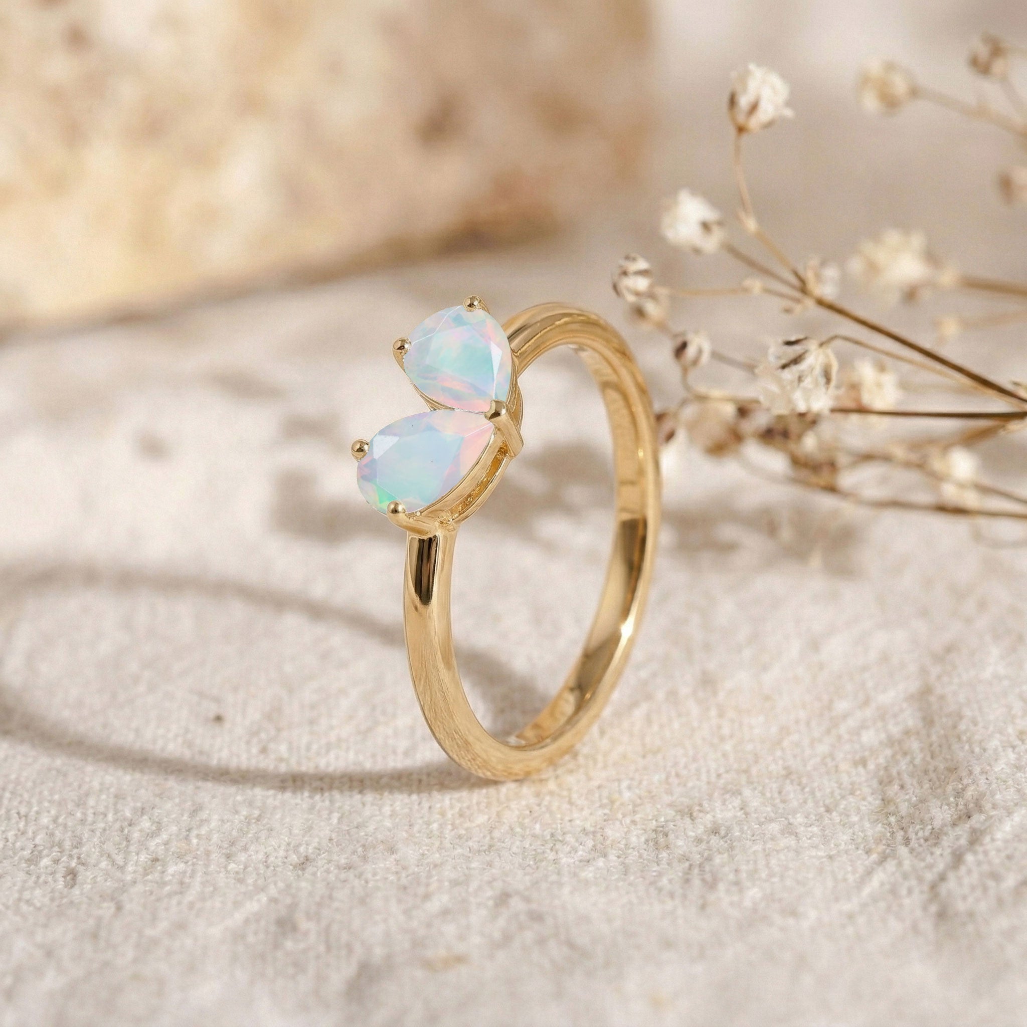 White Opal Pear Cut  Shaped Engagement Ring in 925 Sterling Silver and Yellow Gold Filled