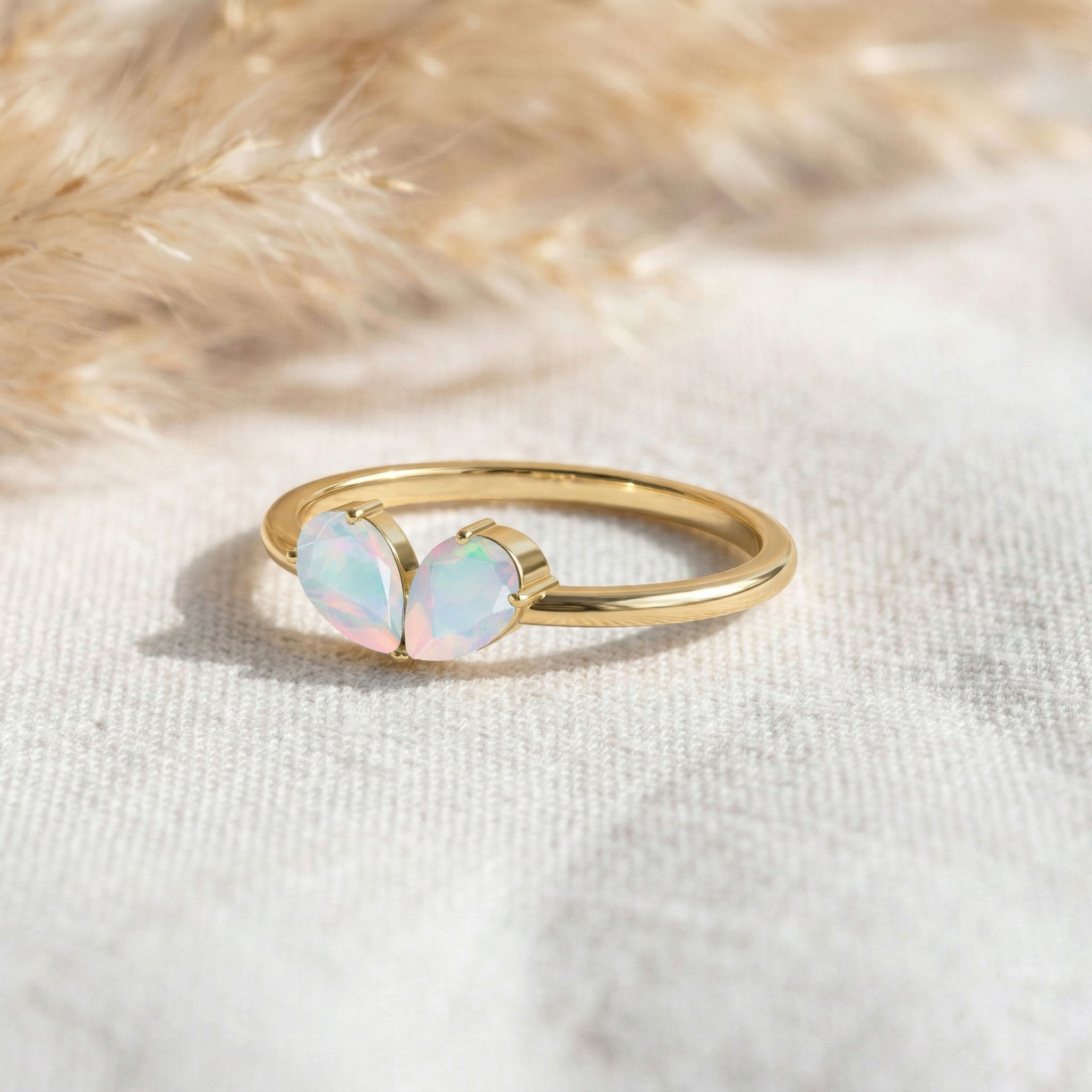 White Opal Pear Cut  Shaped Engagement Ring in 925 Sterling Silver and Yellow Gold Filled