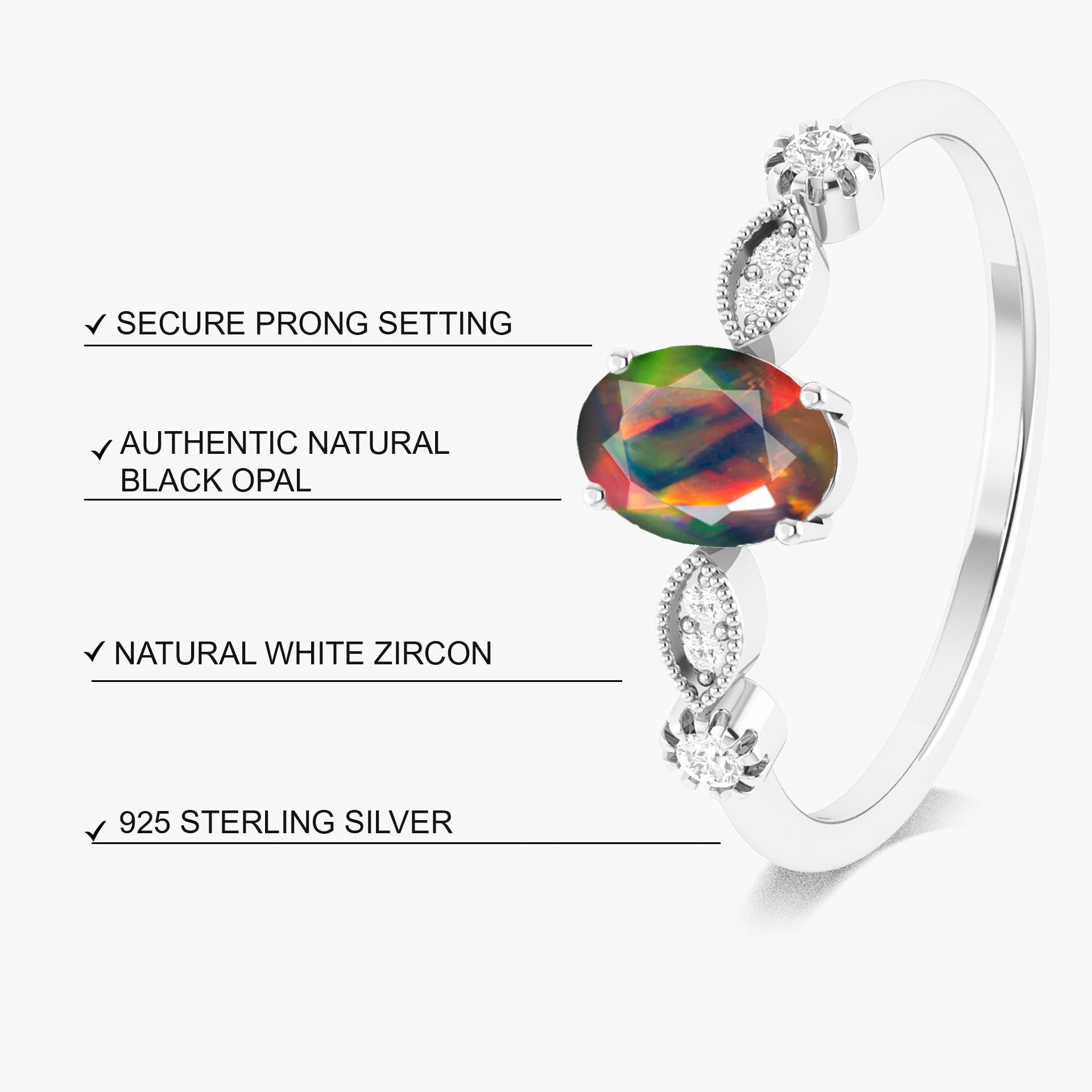 Natural Black Opal with White Zircon Side Stone Solitaire Ring