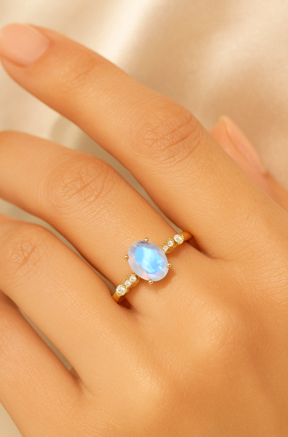 Natural Moonstone with White Zircon Side Stone Solitaire Ring