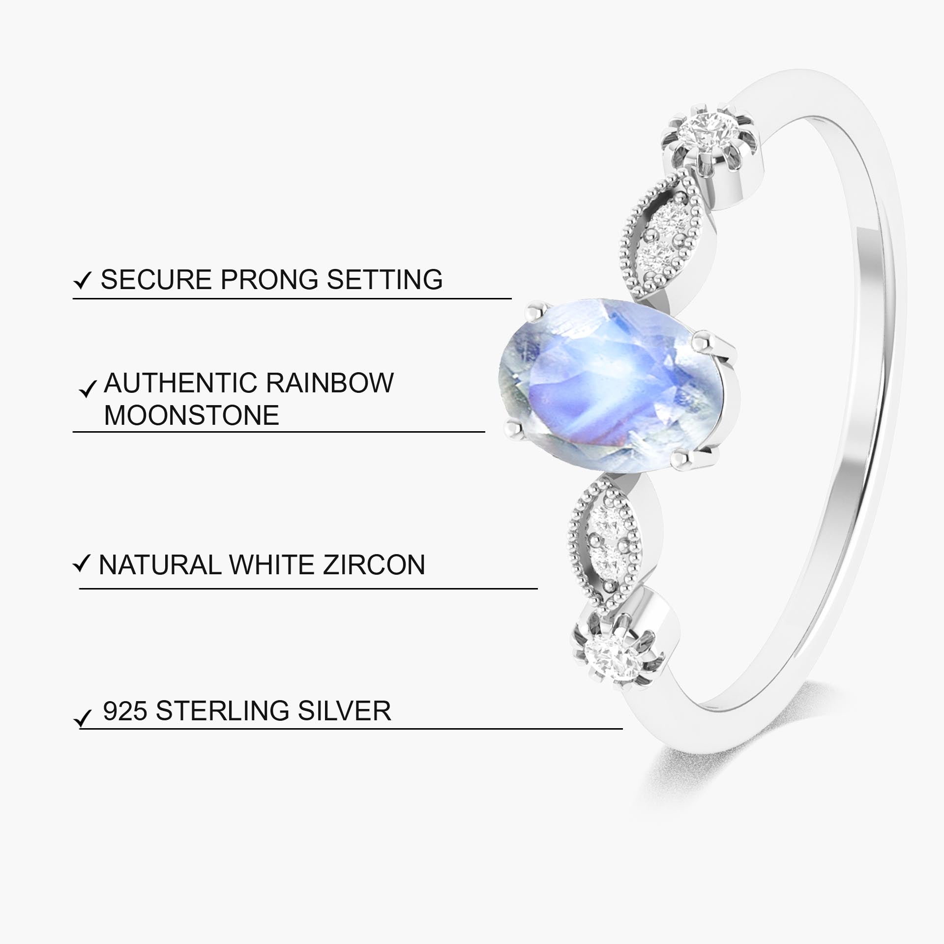 Natural Moonstone with White Zircon Side Stone Solitaire Ring
