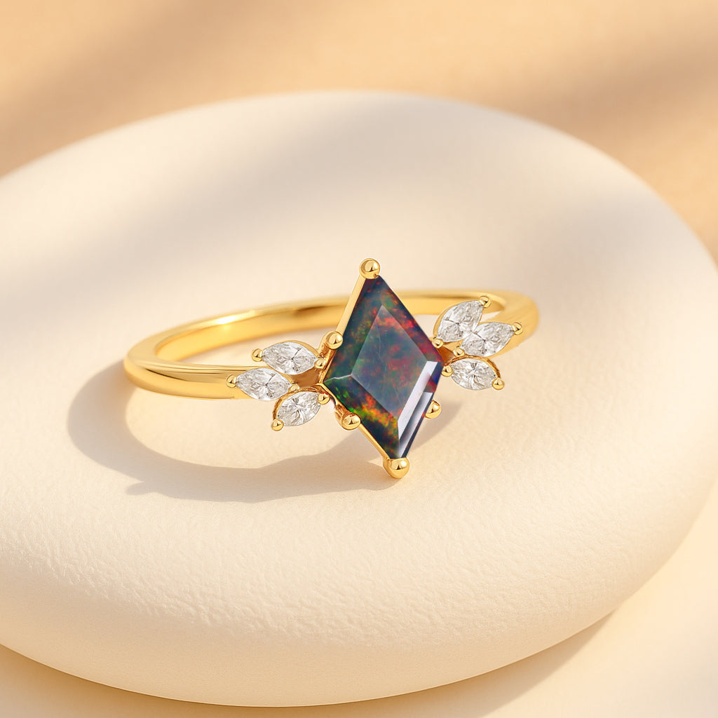 Natural Black Opal Kite Shape Solitaire Ring 8X6MM Faceted Cut