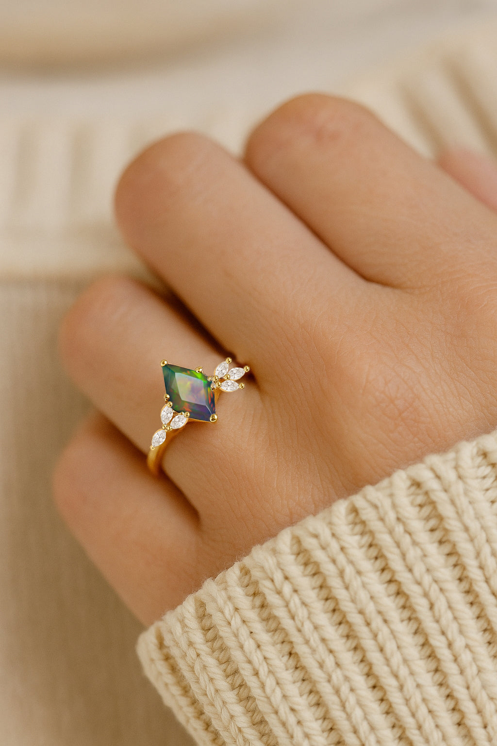 Natural Black Opal Kite Shape Solitaire Ring 8X6MM Faceted Cut