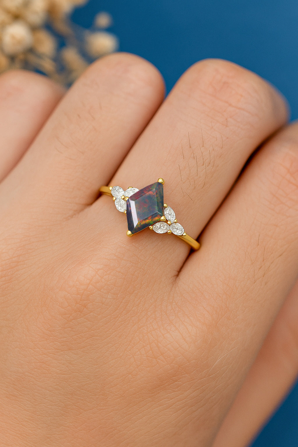 Natural Black Opal Kite Shape Solitaire Ring 8X6MM Faceted Cut