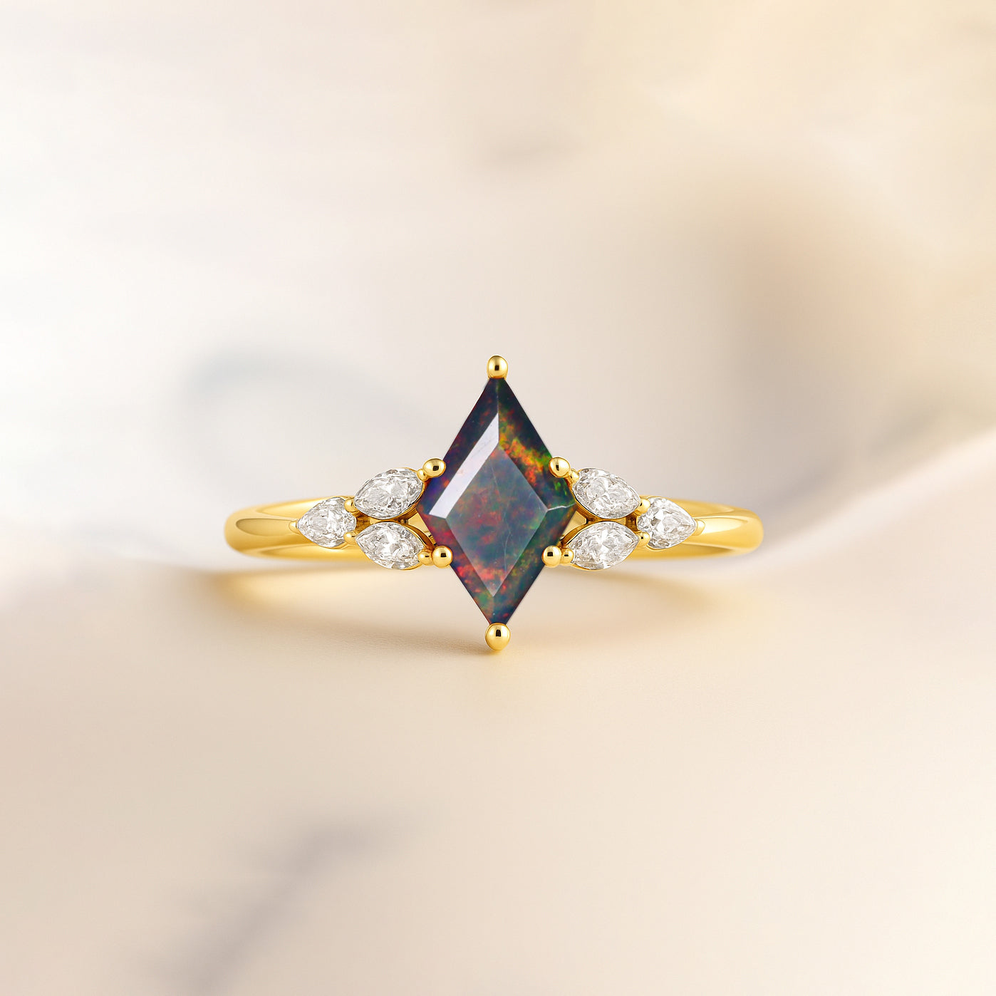 Natural Black Opal Kite Shape Solitaire Ring 8X6MM Faceted Cut