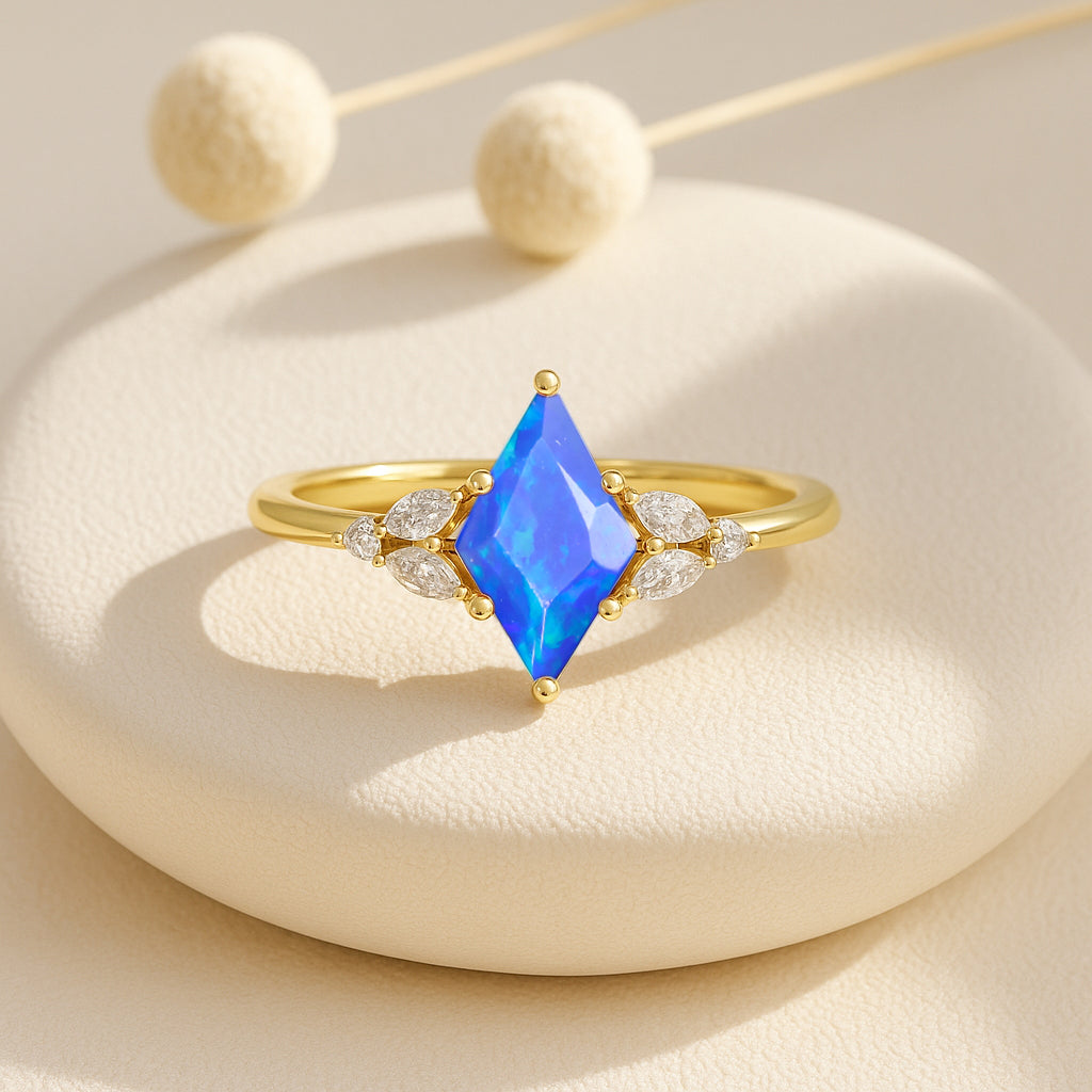 Natural Blue Opal Kite Shape Solitaire Ring 8X6MM Faceted Cut