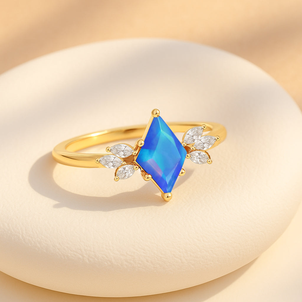 Natural Blue Opal Kite Shape Solitaire Ring 8X6MM Faceted Cut