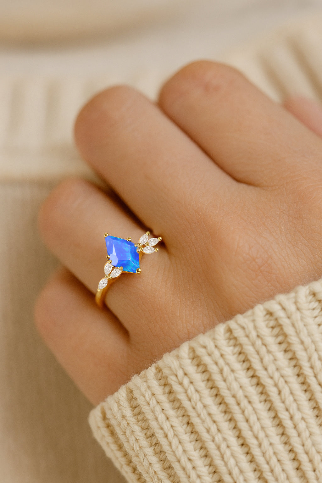 Natural Blue Opal Kite Shape Solitaire Ring 8X6MM Faceted Cut
