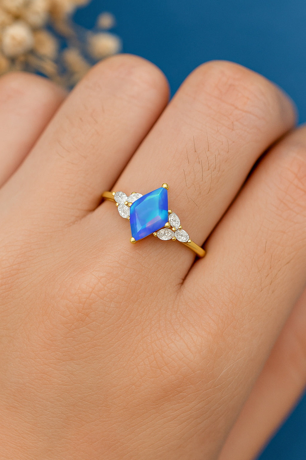 Natural Blue Opal Kite Shape Solitaire Ring 8X6MM Faceted Cut