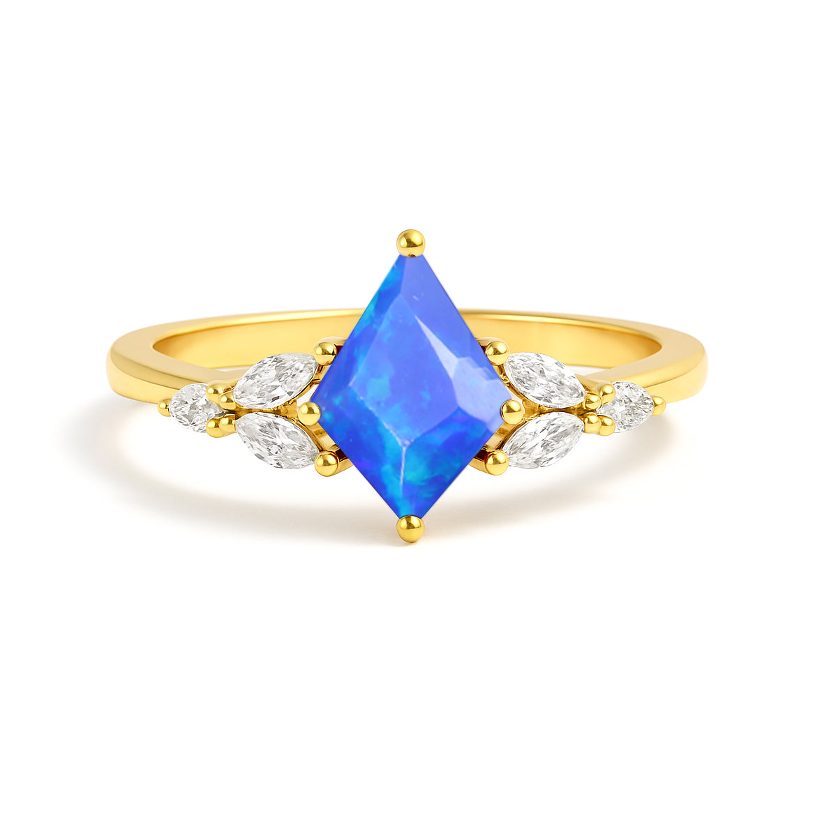 Natural Blue Opal Kite Shape Solitaire Ring 8X6MM Faceted Cut