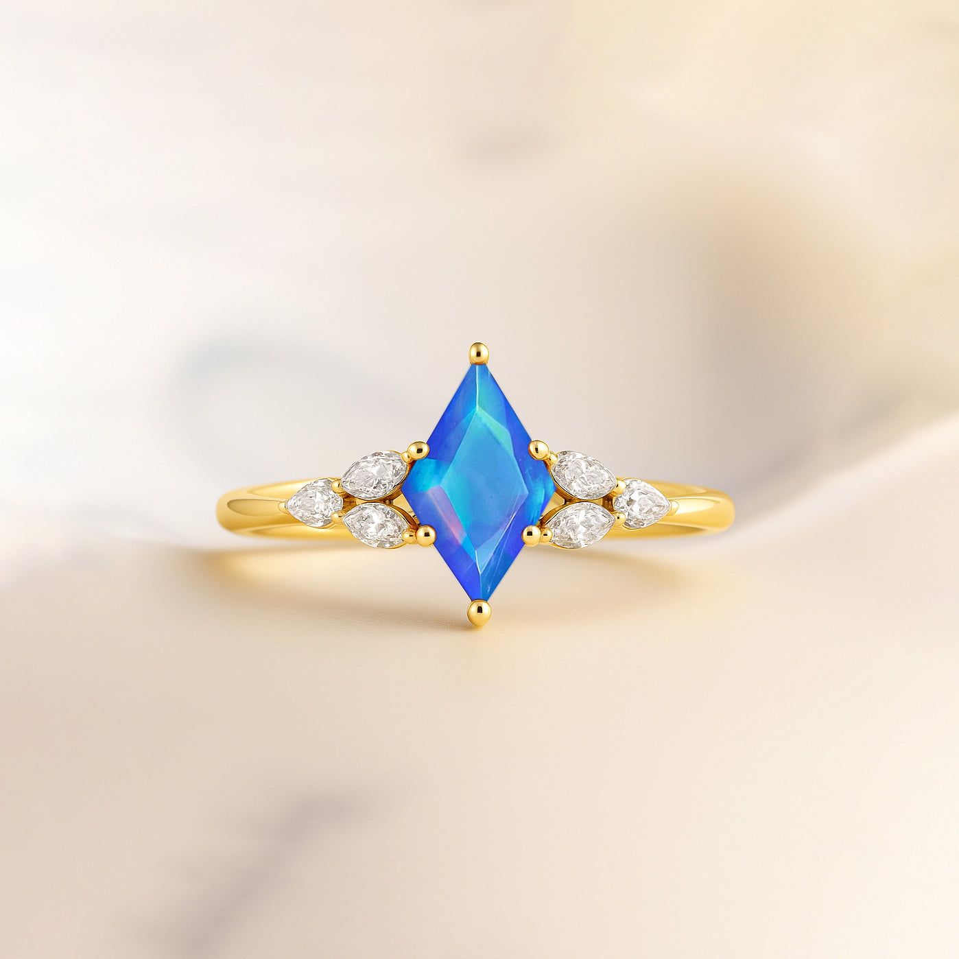 Natural Blue Opal Kite Shape Solitaire Ring 8X6MM Faceted Cut