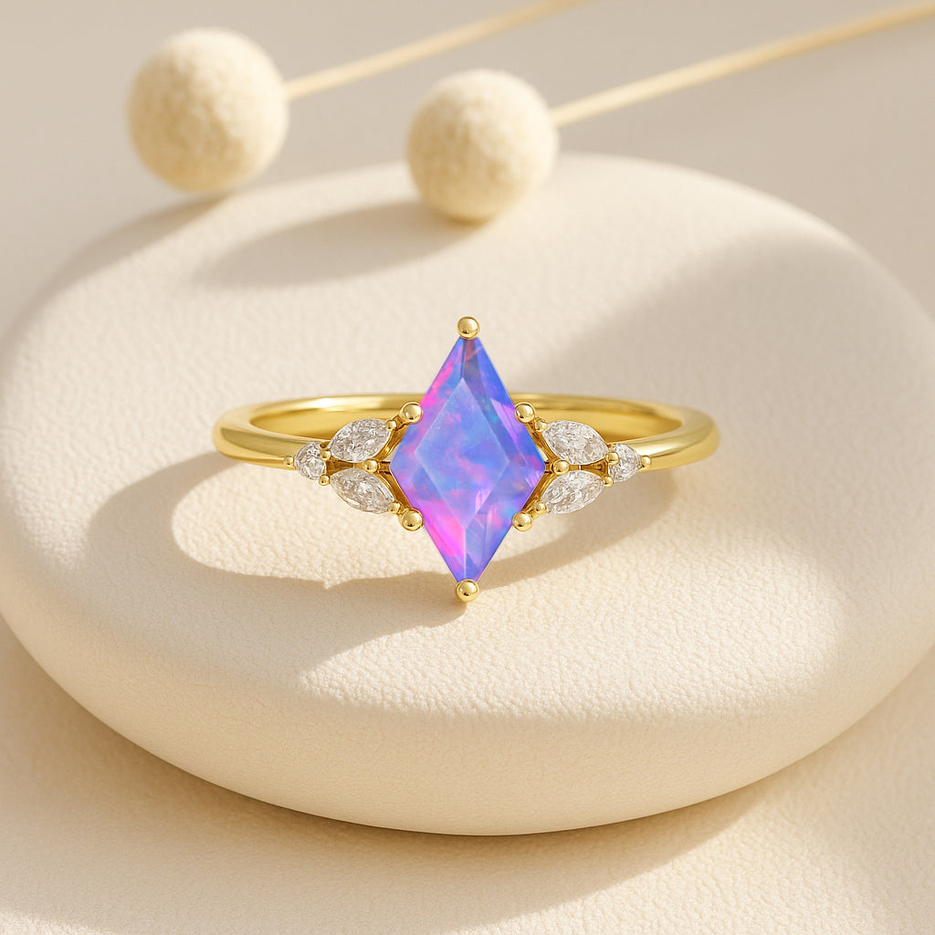 Natural Lavender Opal Kite Shape Solitaire Ring 8X6MM Faceted Cut