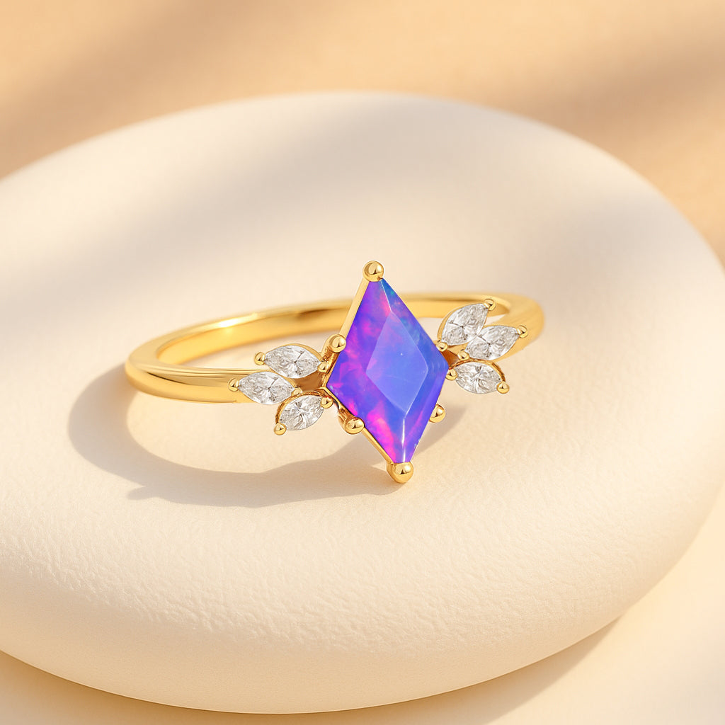 Natural Lavender Opal Kite Shape Solitaire Ring 8X6MM Faceted Cut