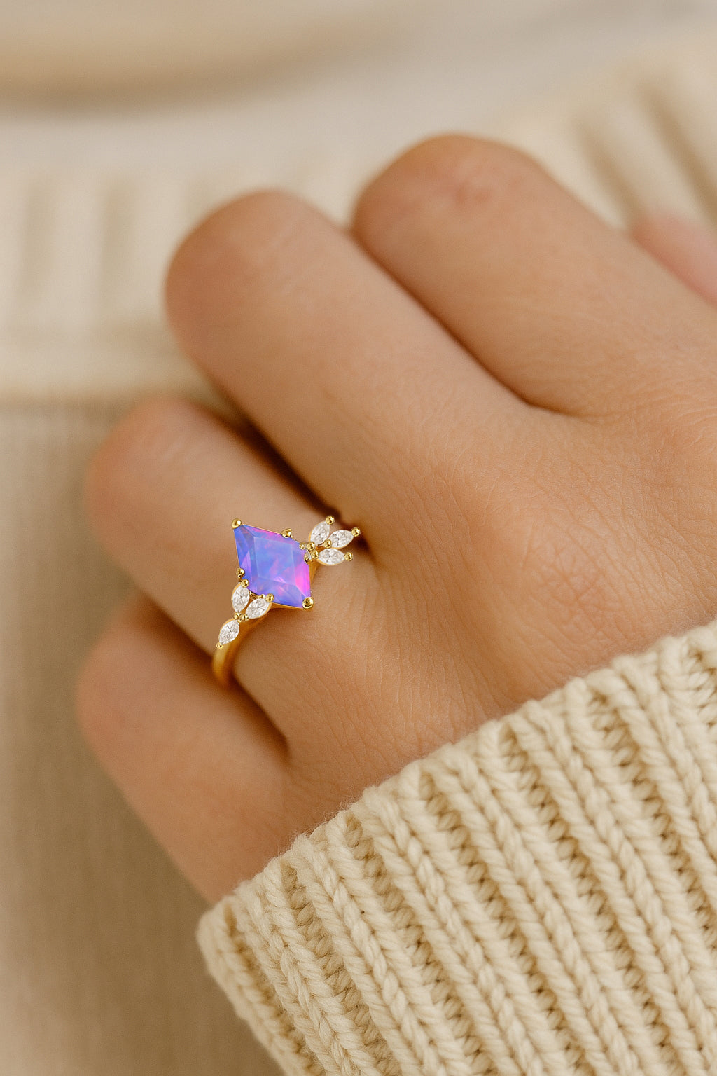 Natural Lavender Opal Kite Shape Solitaire Ring 8X6MM Faceted Cut